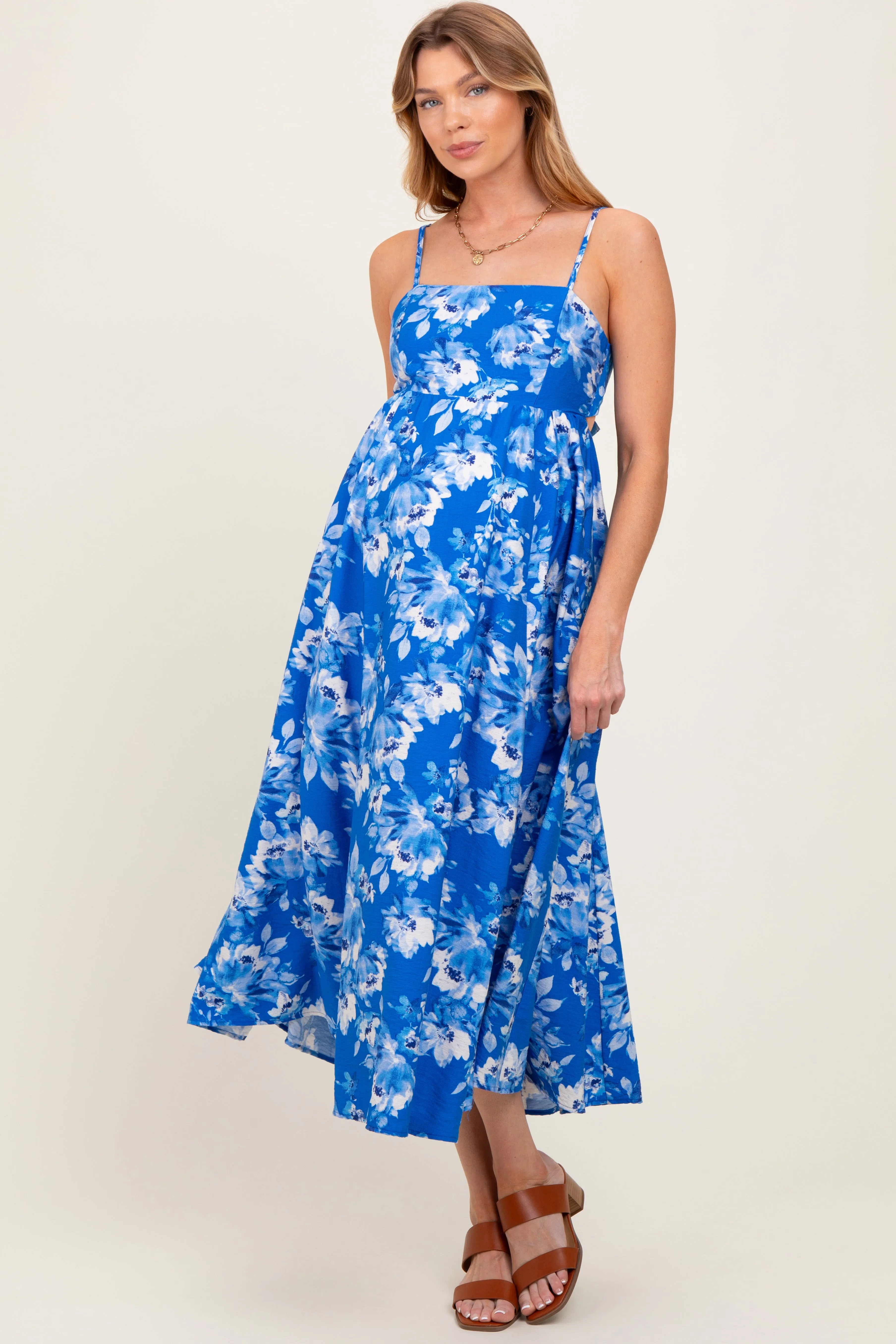 Royal Blue Floral Tie Back Cutout Maternity Midi Dress sold by Pinkblush product image thumbnail 2