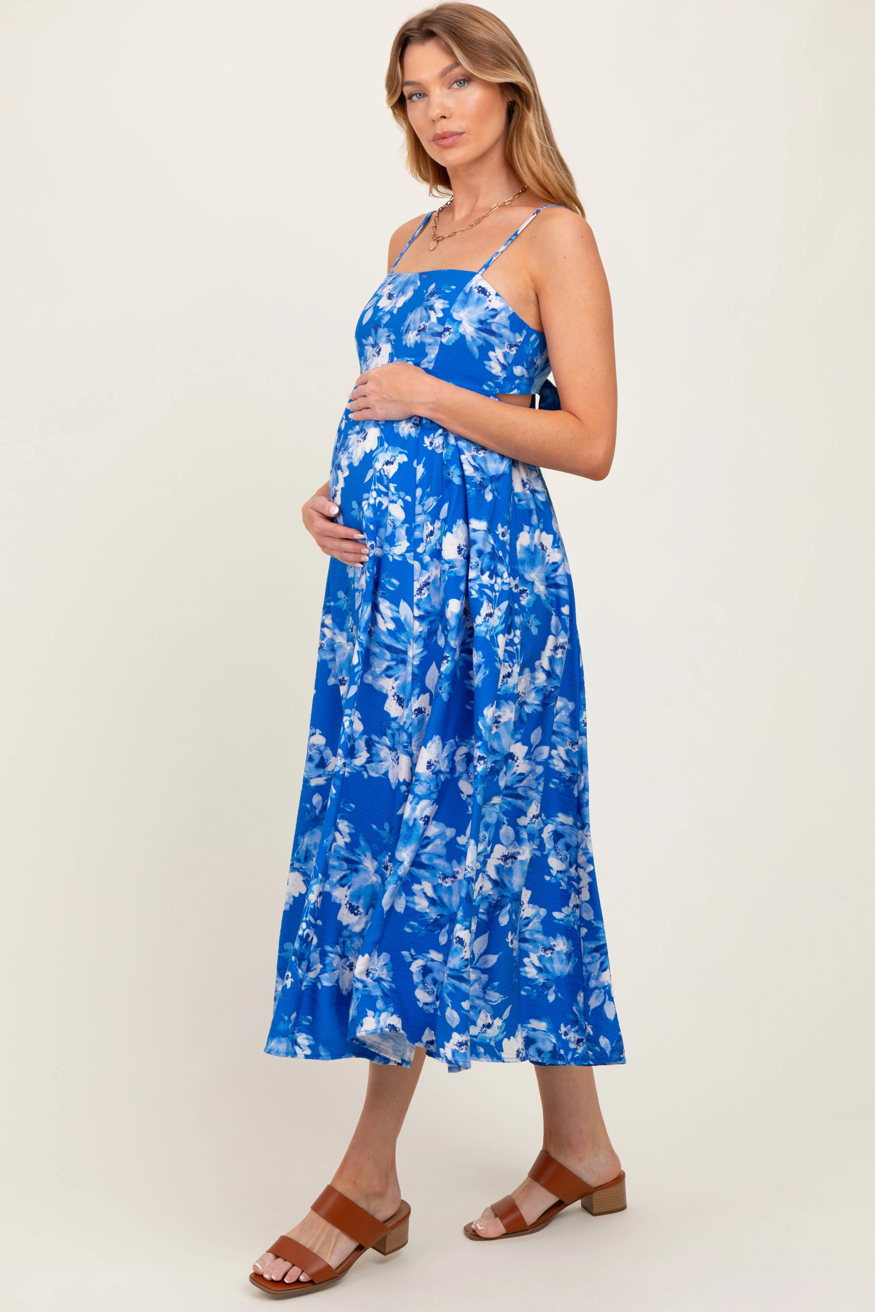 Royal Blue Floral Tie Back Cutout Maternity Midi Dress sold by Pinkblush product image thumbnail 3