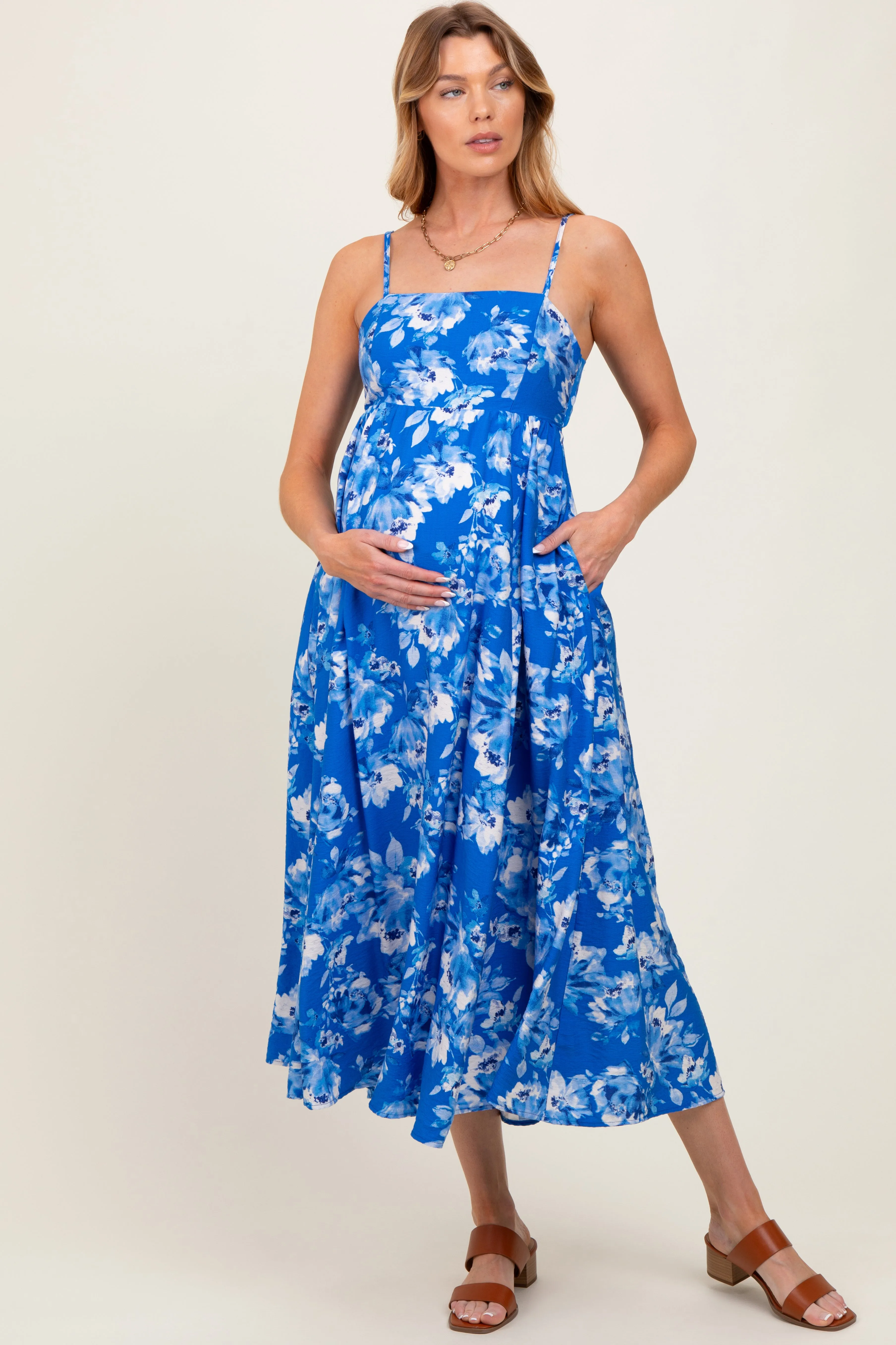Royal Blue Floral Tie Back Cutout Maternity Midi Dress sold by Pinkblush