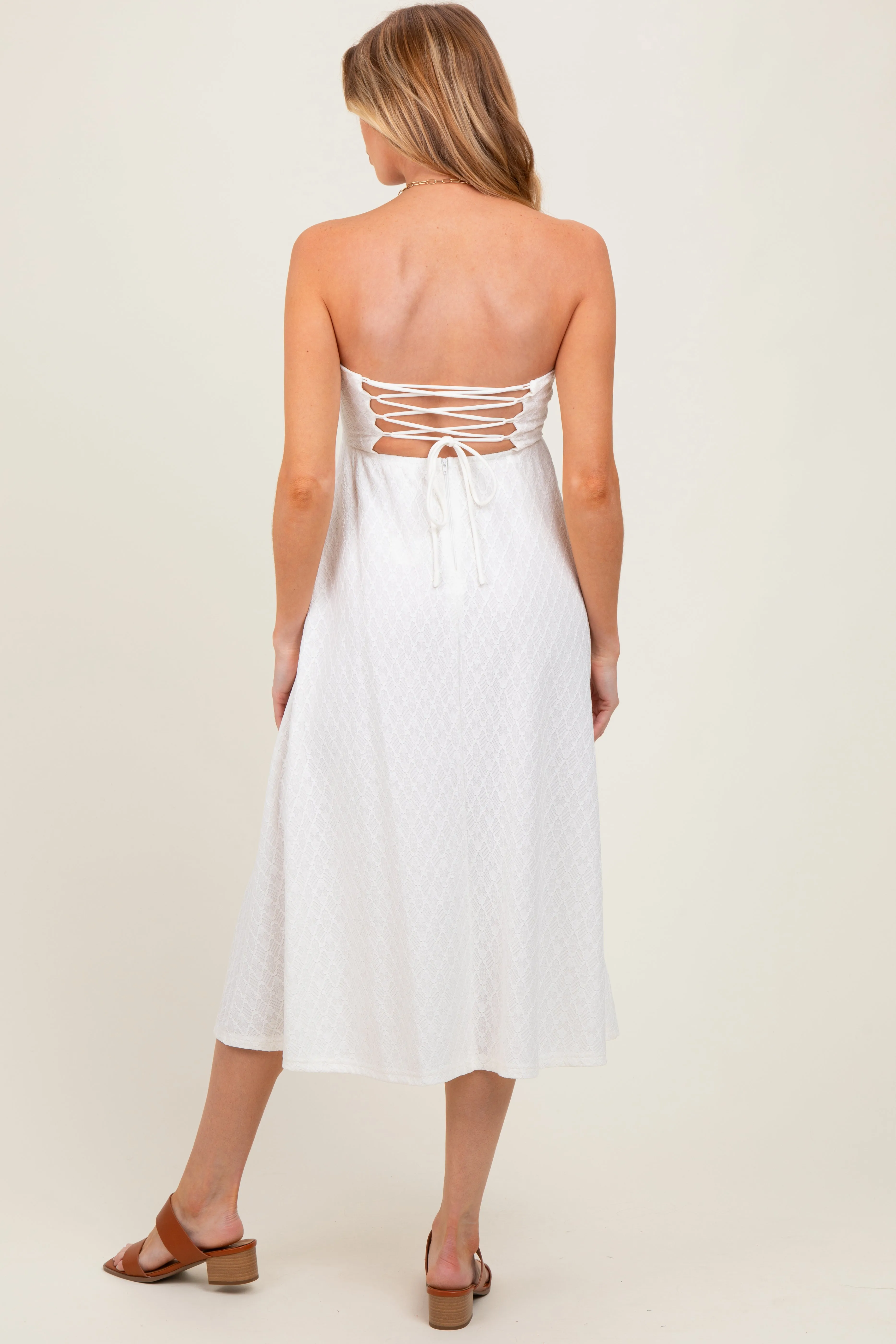 Ivory Lace Strapless Lace Up Back Maternity Midi Dress sold by Pinkblush product image thumbnail 4