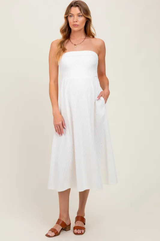 Ivory Lace Strapless Lace Up Back Maternity Midi Dress sold by Pinkblush