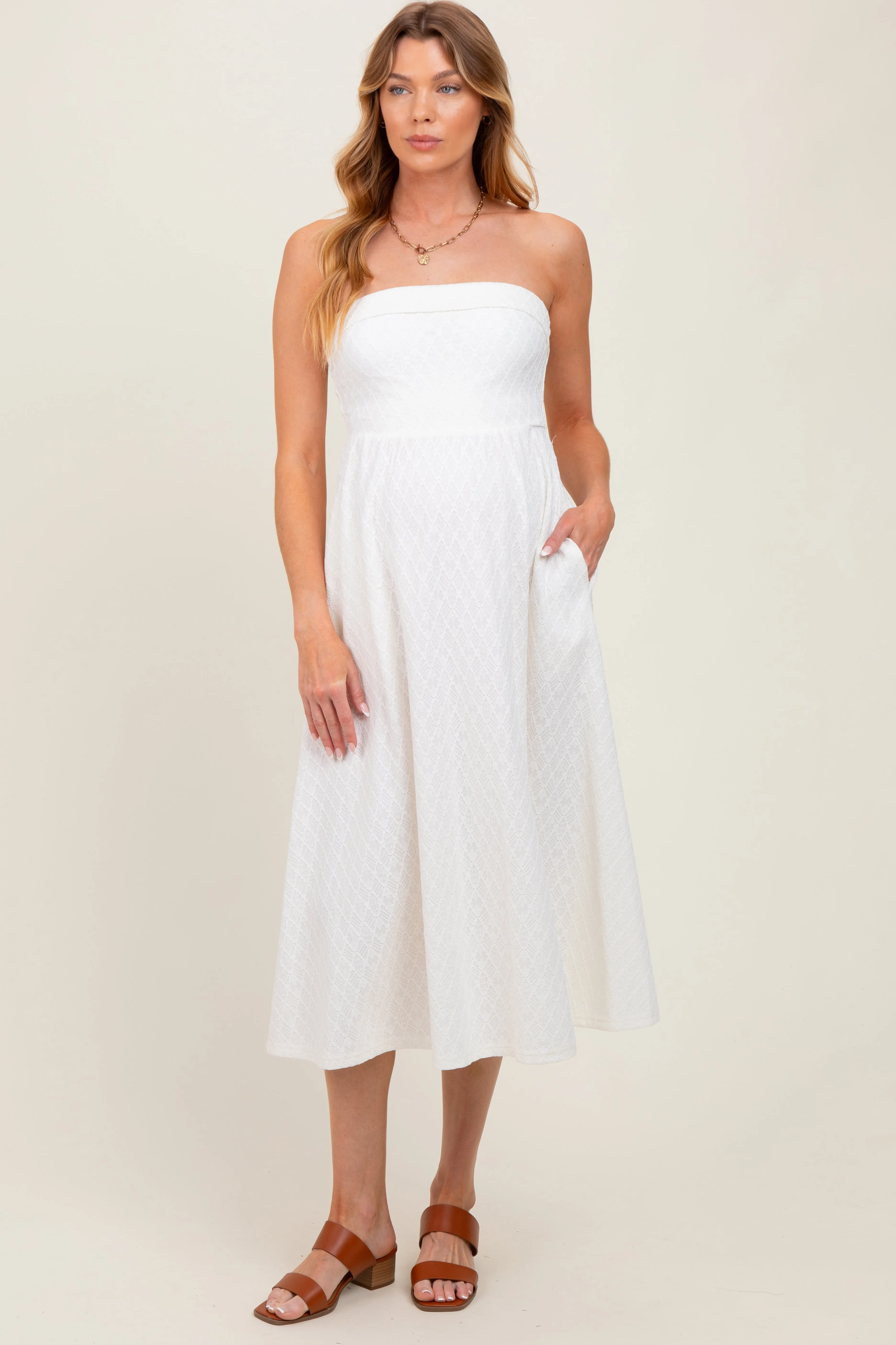 Ivory Lace Strapless Lace Up Back Maternity Midi Dress sold by Pinkblush