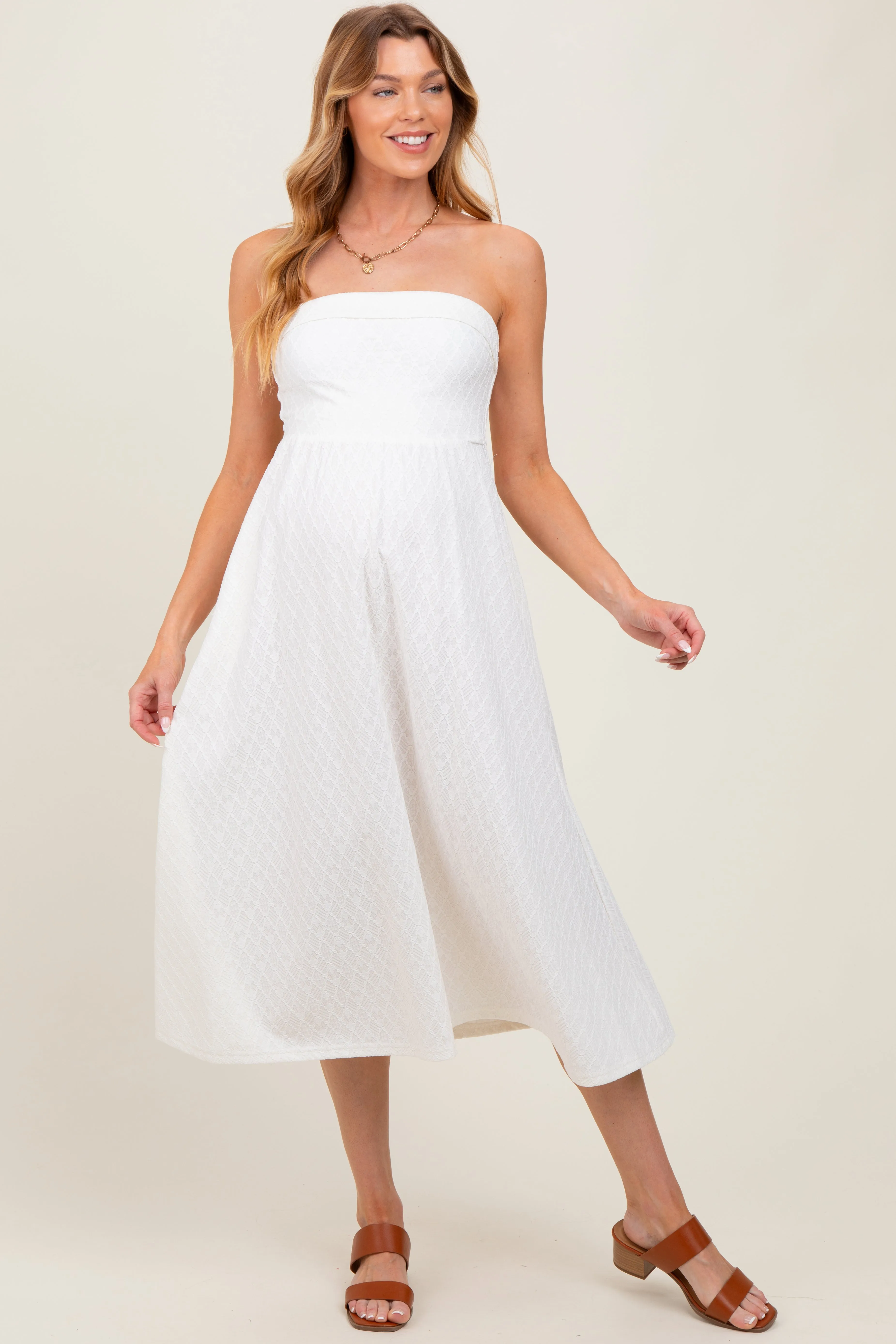 Ivory Lace Strapless Lace Up Back Maternity Midi Dress sold by Pinkblush product image thumbnail 2