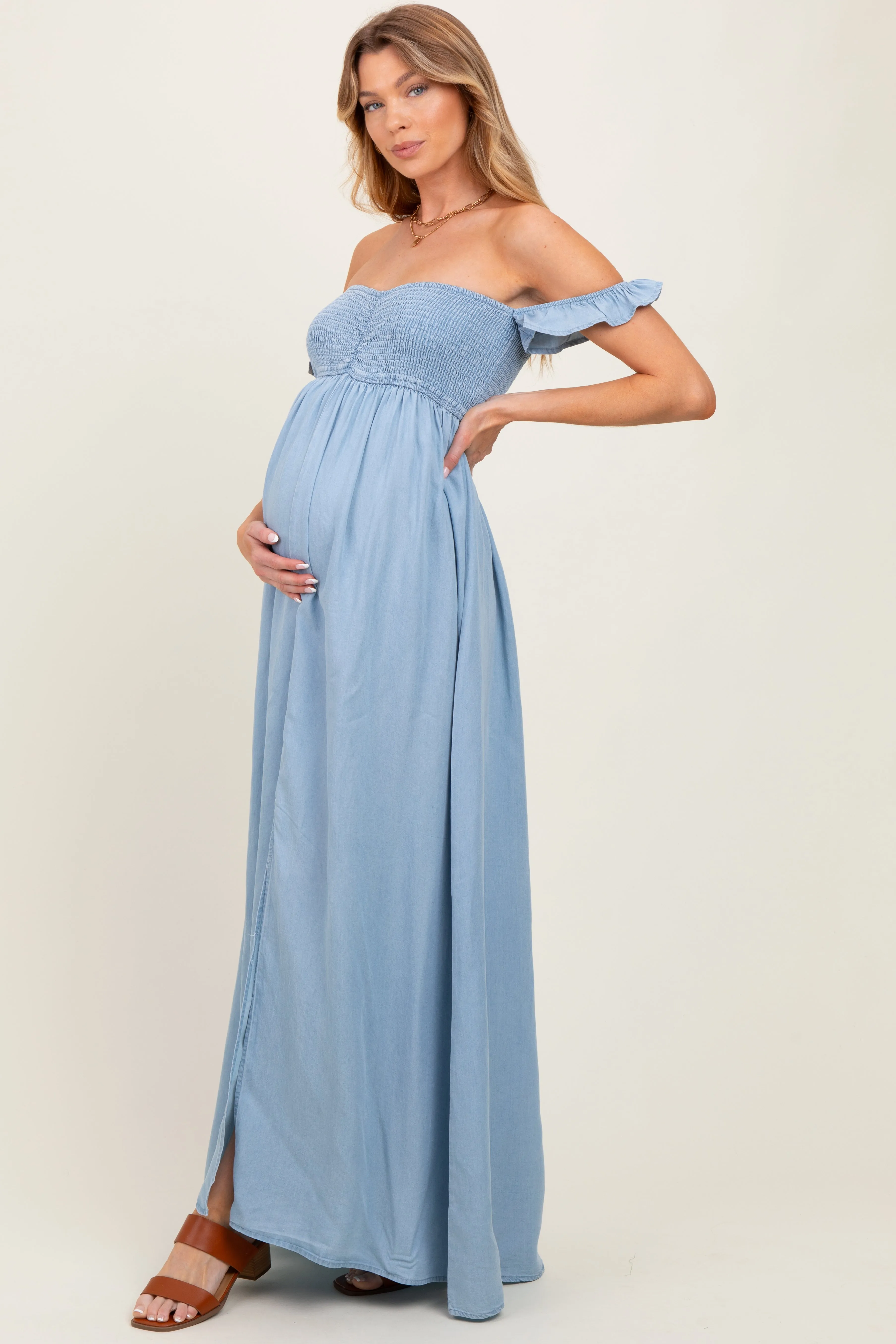 Light Chambray Smocked Denim Off-Shoulder Maternity Maxi Dress sold by Pinkblush product image thumbnail 2