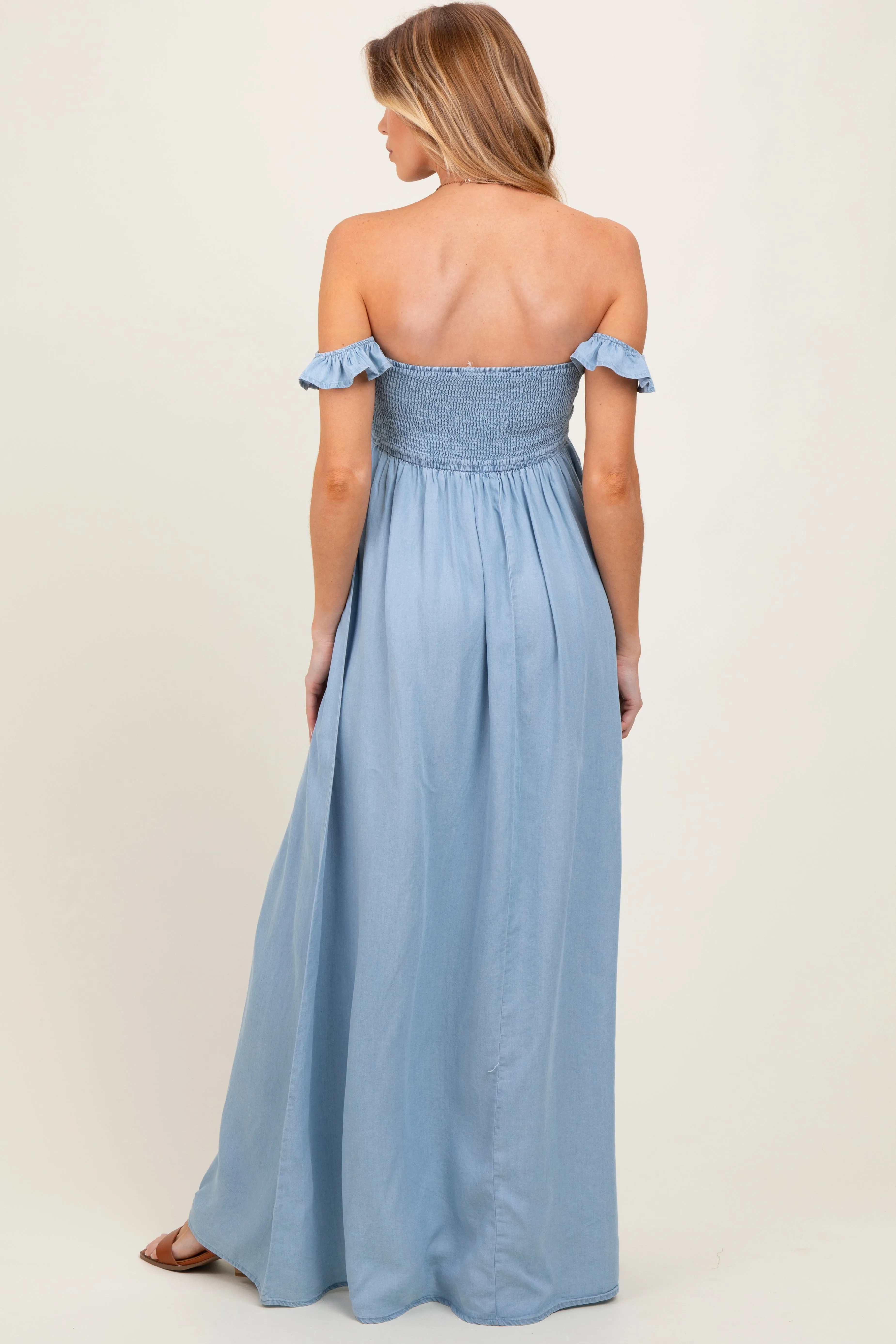 Light Chambray Smocked Denim Off-Shoulder Maternity Maxi Dress sold by Pinkblush product image thumbnail 3