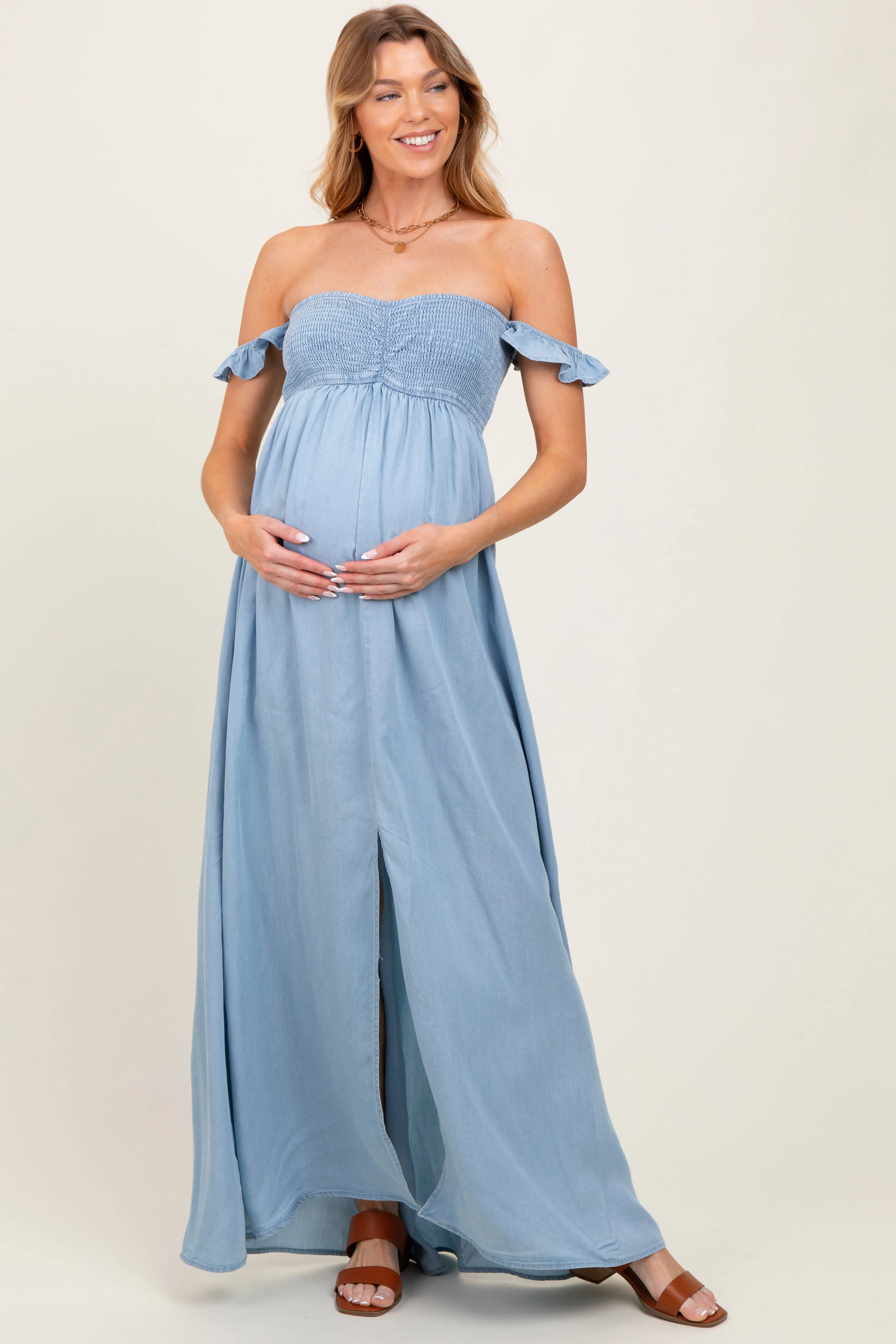 Light Chambray Smocked Denim Off-Shoulder Maternity Maxi Dress sold by Pinkblush