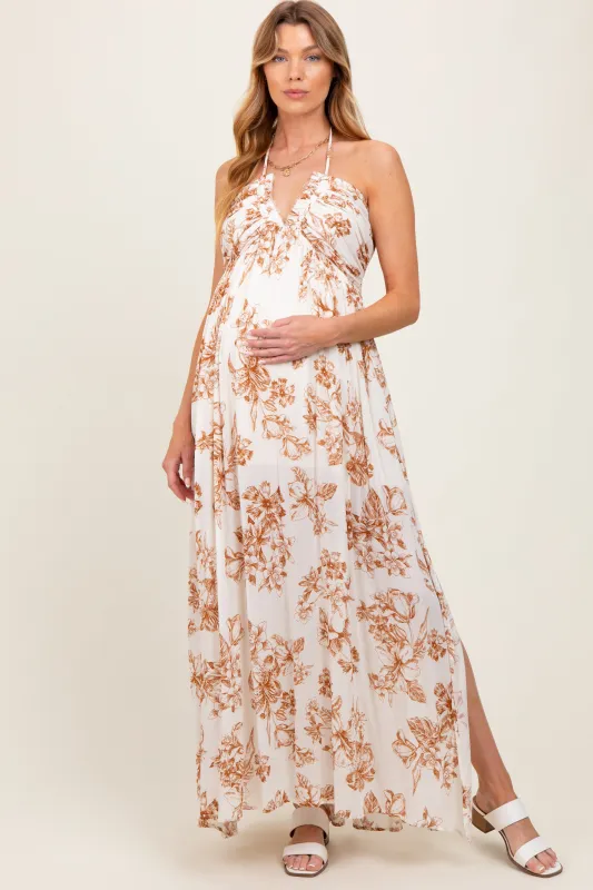 Taupe Floral Tie-Back Halter Maternity Maxi Dress sold by Pinkblush
