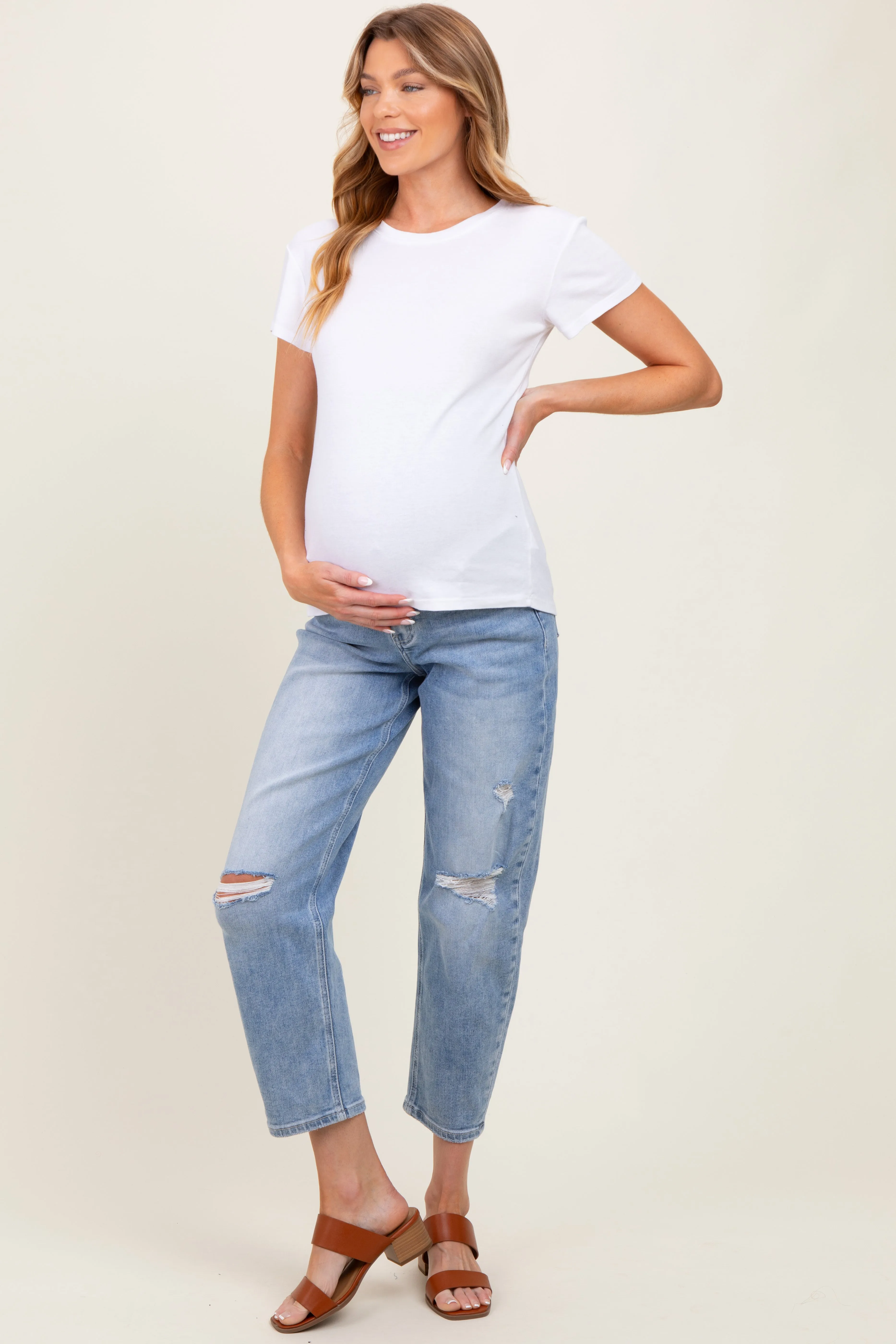 Blue Distressed Open Knee Straight Leg Ankle Maternity Jeans sold by Pinkblush product image thumbnail 2