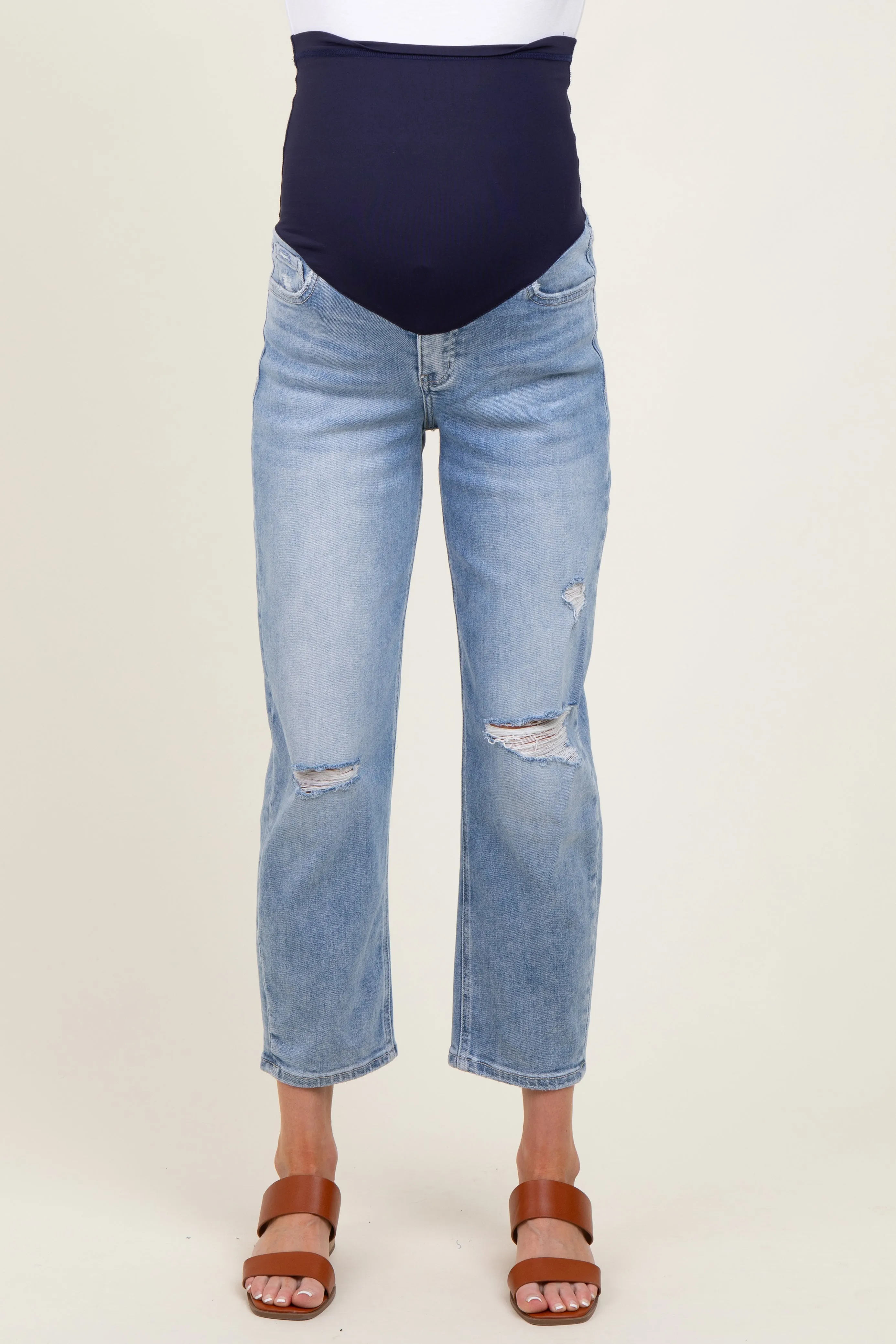 Blue Distressed Open Knee Straight Leg Ankle Maternity Jeans sold by Pinkblush product image thumbnail 3