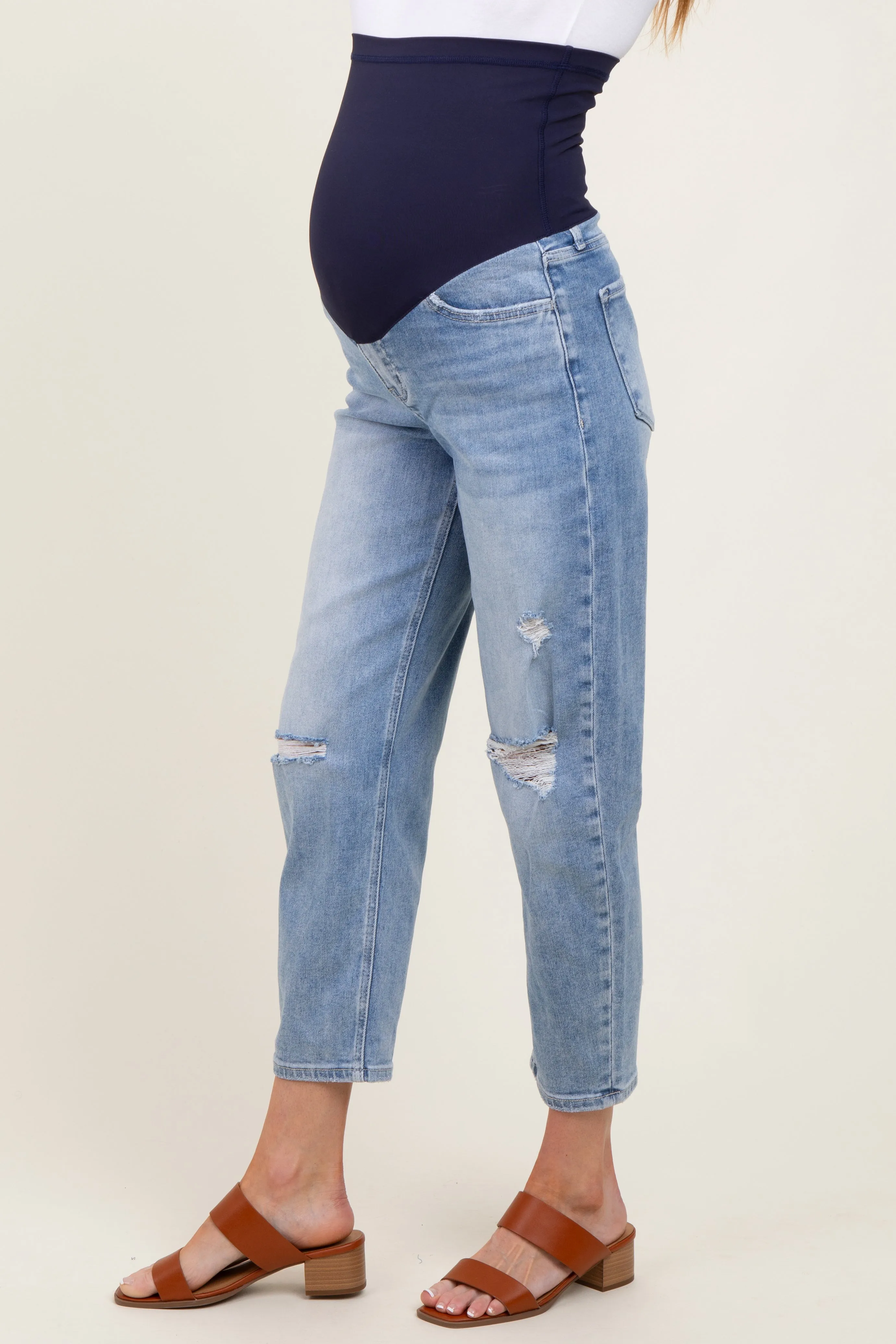 Blue Distressed Open Knee Straight Leg Ankle Maternity Jeans sold by Pinkblush product image thumbnail 4
