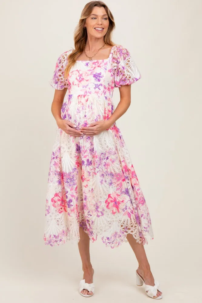 Purple Tie Dye Lace Puff Sleeve Maternity Midi Dress sold by Pinkblush product image thumbnail 2