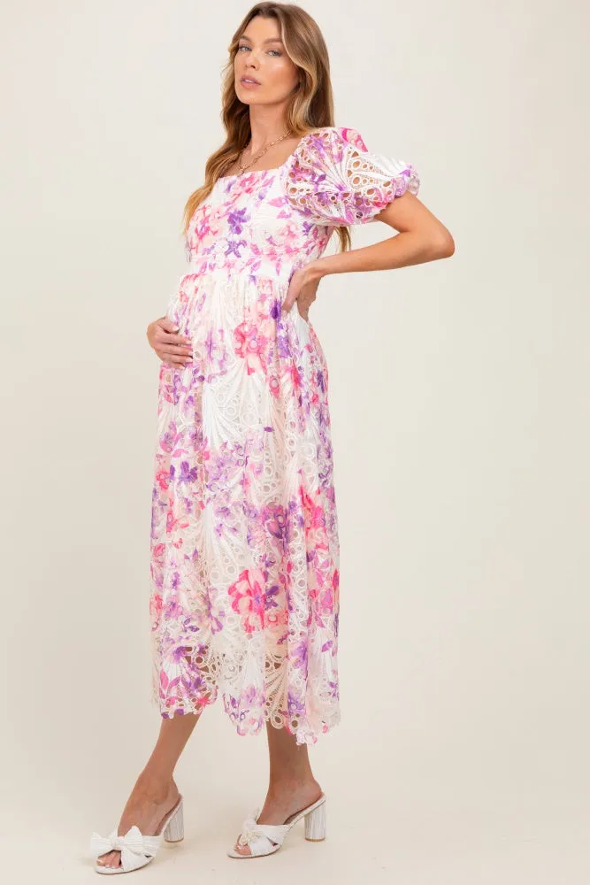 Purple Tie Dye Lace Puff Sleeve Maternity Midi Dress sold by Pinkblush product image thumbnail 3