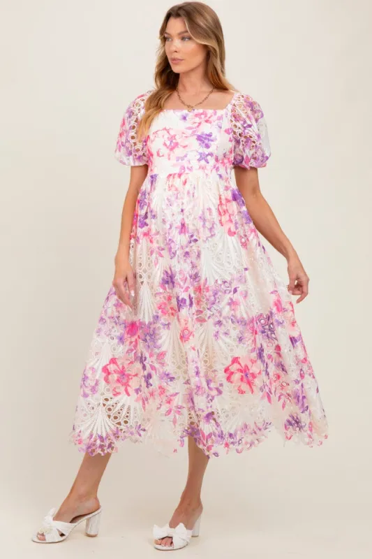 Purple Tie Dye Lace Puff Sleeve Maternity Midi Dress sold by Pinkblush