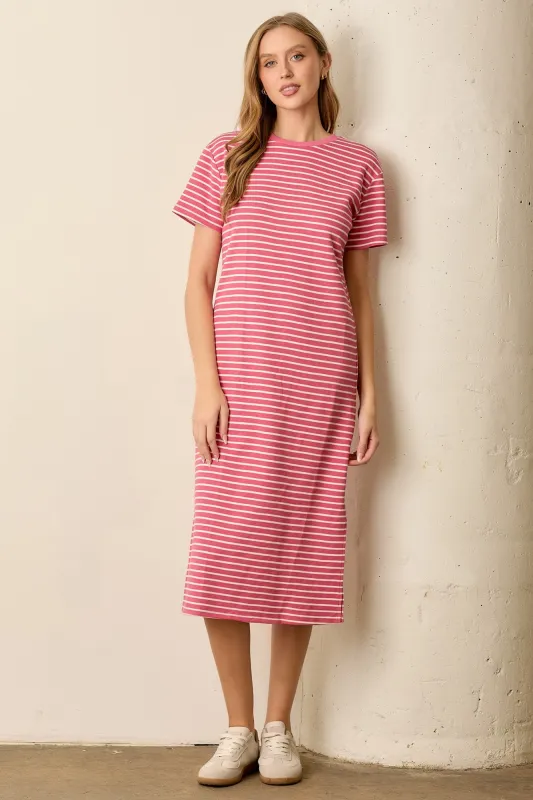 Pink Striped Short Sleeve T-Shirt Midi Dress sold by Pinkblush