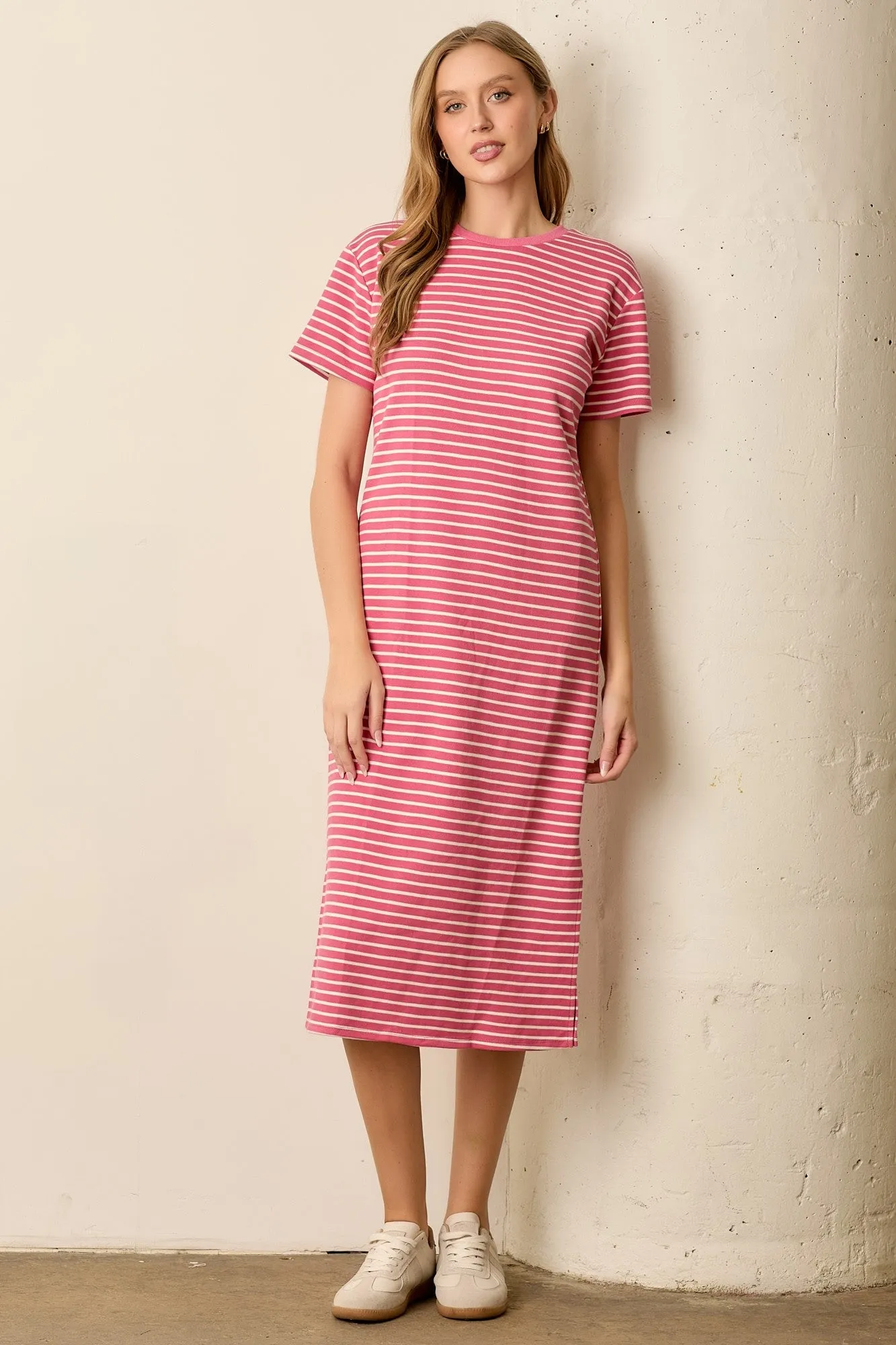 Pink Striped Short Sleeve T-Shirt Midi Dress sold by Pinkblush