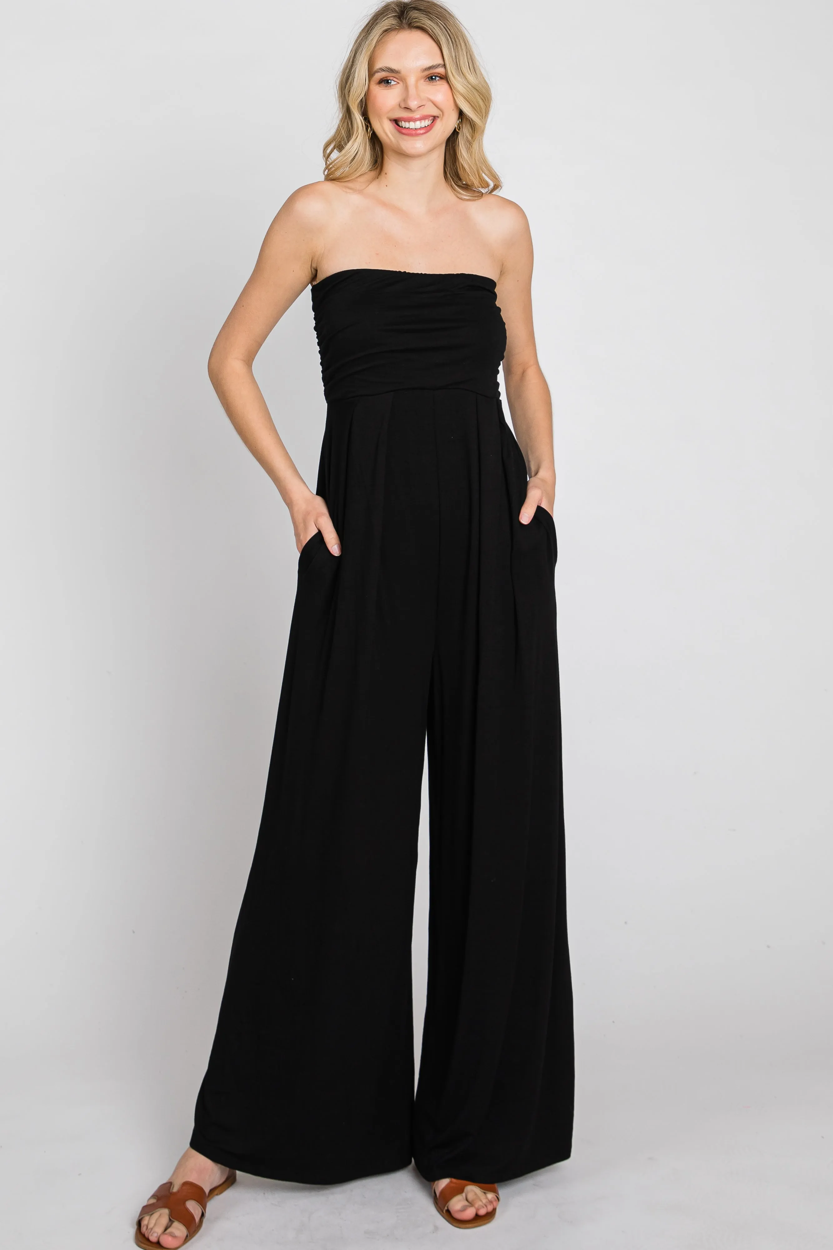 Black Strapless Wide Leg Jumpsuit sold by Pinkblush