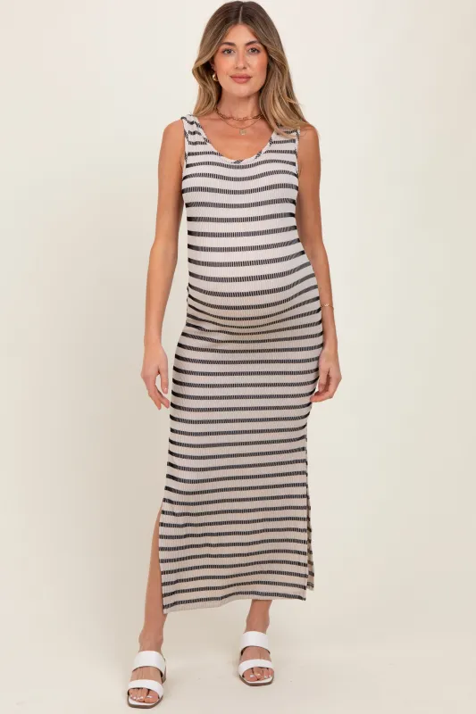 Ivory Striped Ribbed Sleeveless Side Slit Maternity Maxi Dress sold by Pinkblush