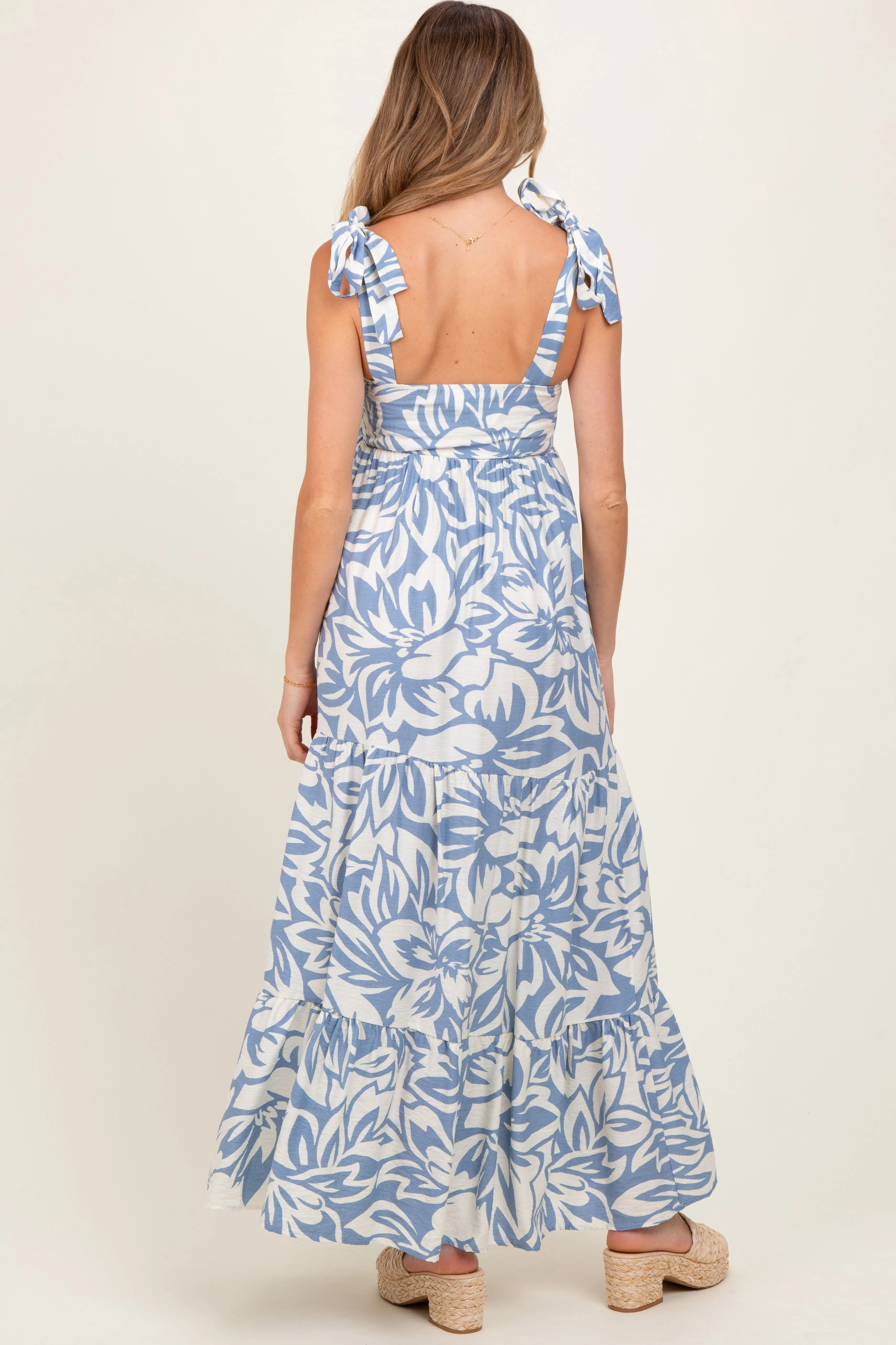 Blue Floral Shoulder Tie Tiered Maternity Maxi Dress sold by Pinkblush product image thumbnail 4