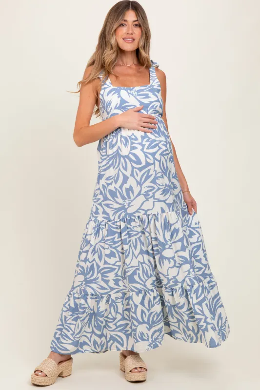 Blue Floral Shoulder Tie Tiered Maternity Maxi Dress sold by Pinkblush