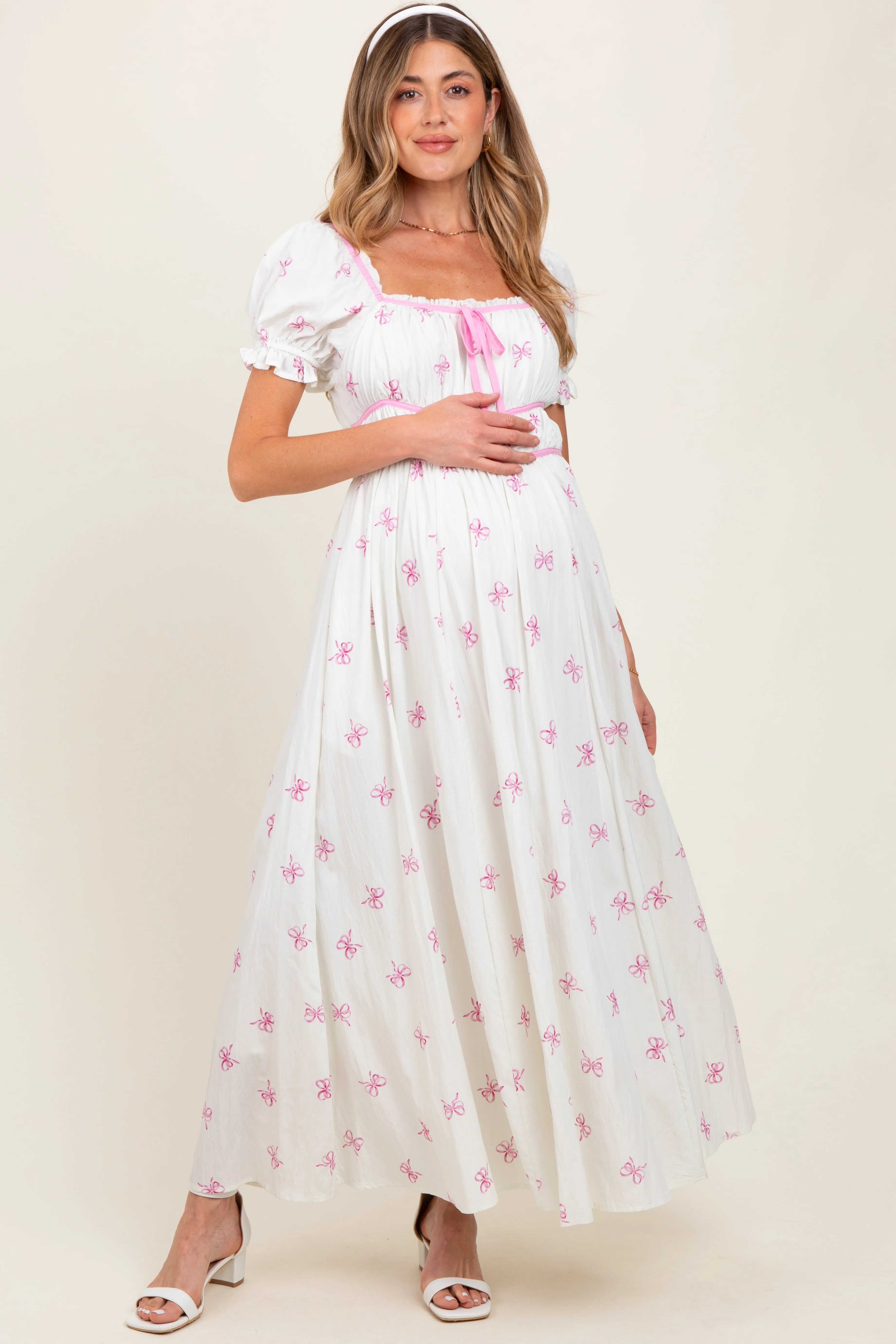 Ivory Bow Print Shirred Bodice Puff Sleeve Maternity Dress sold by Pinkblush