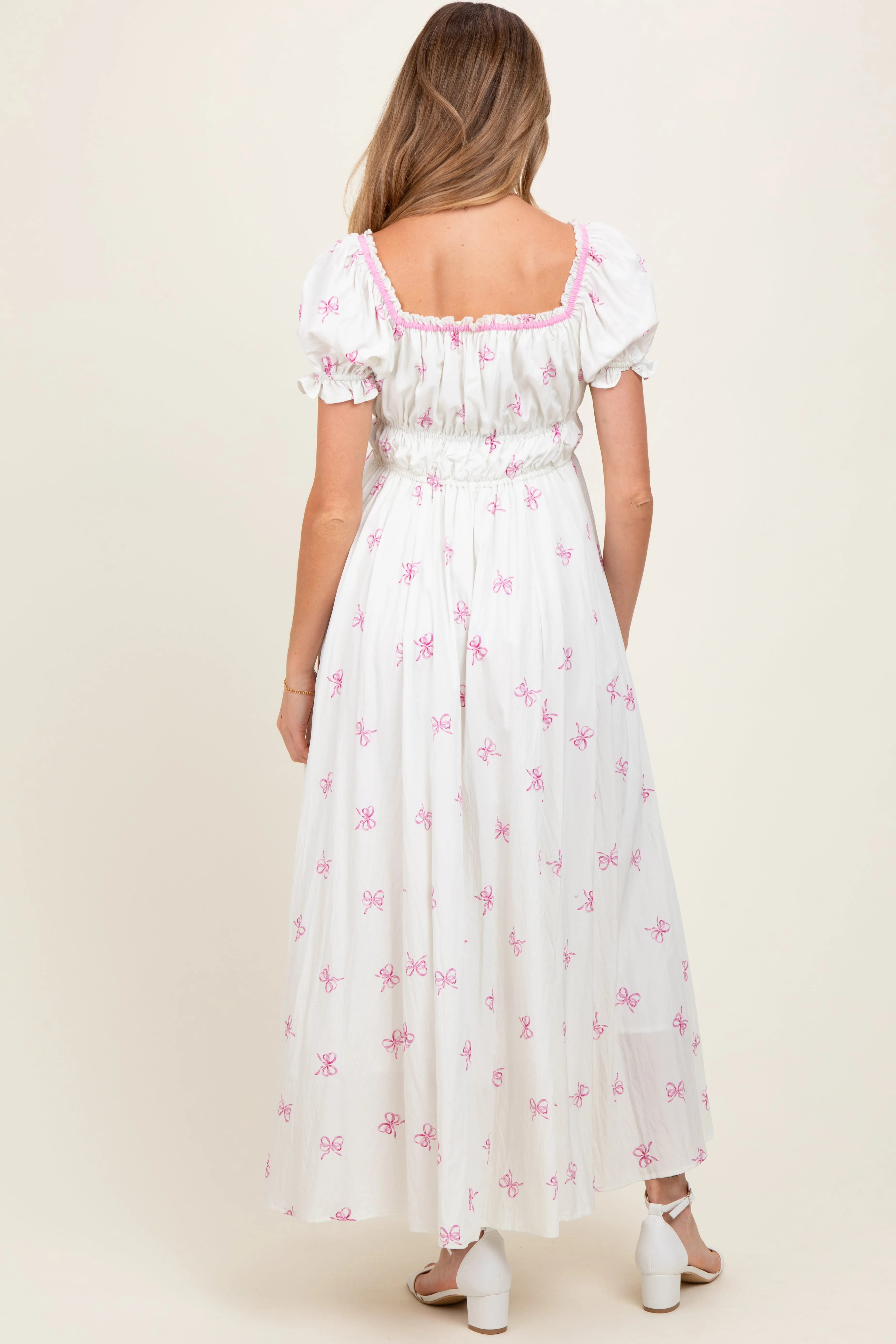 Ivory Bow Print Shirred Bodice Puff Sleeve Maternity Dress sold by Pinkblush product image thumbnail 2