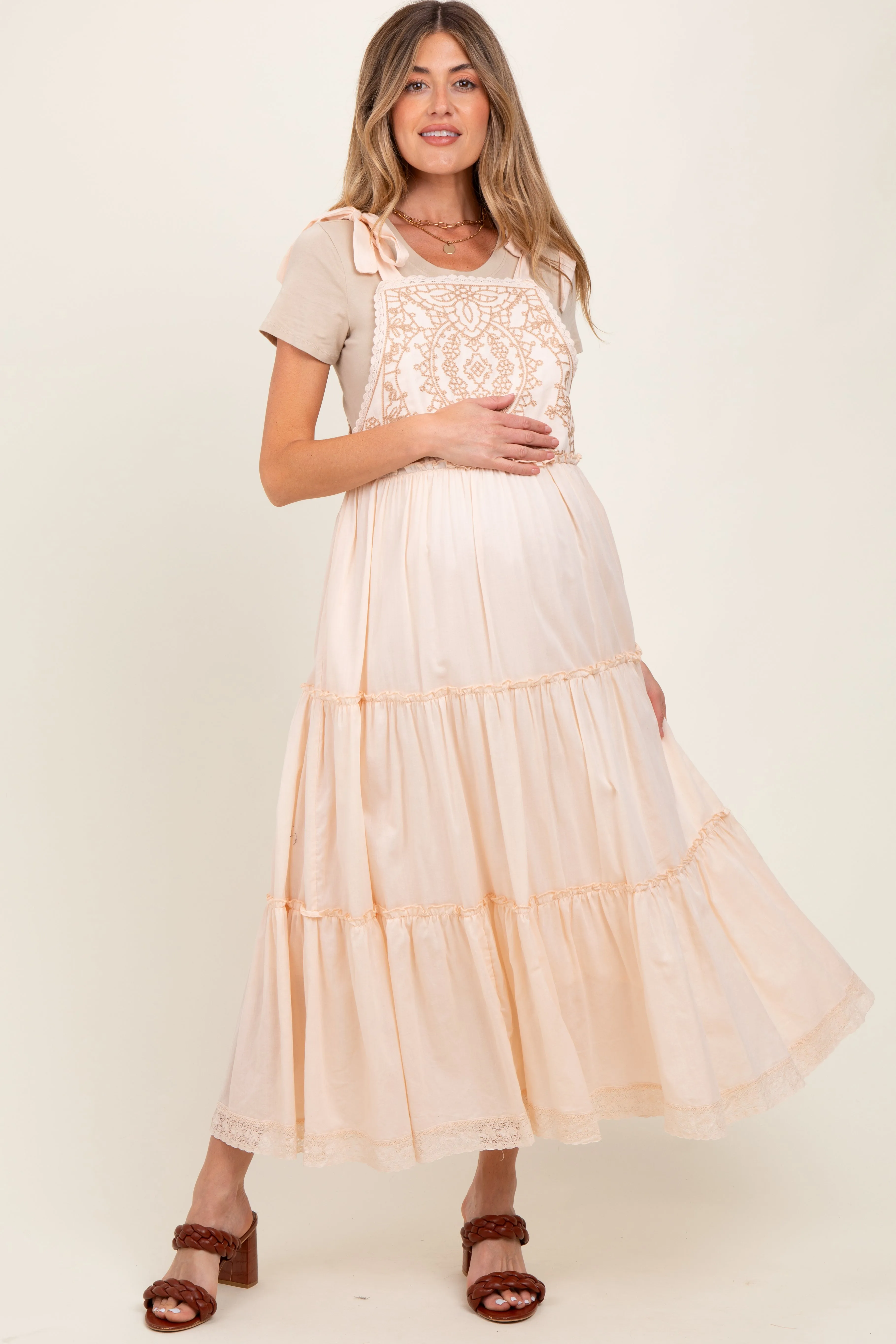 Cream Embroidered Ruffle Tiered Apron Maternity Dress sold by Pinkblush product image thumbnail 2