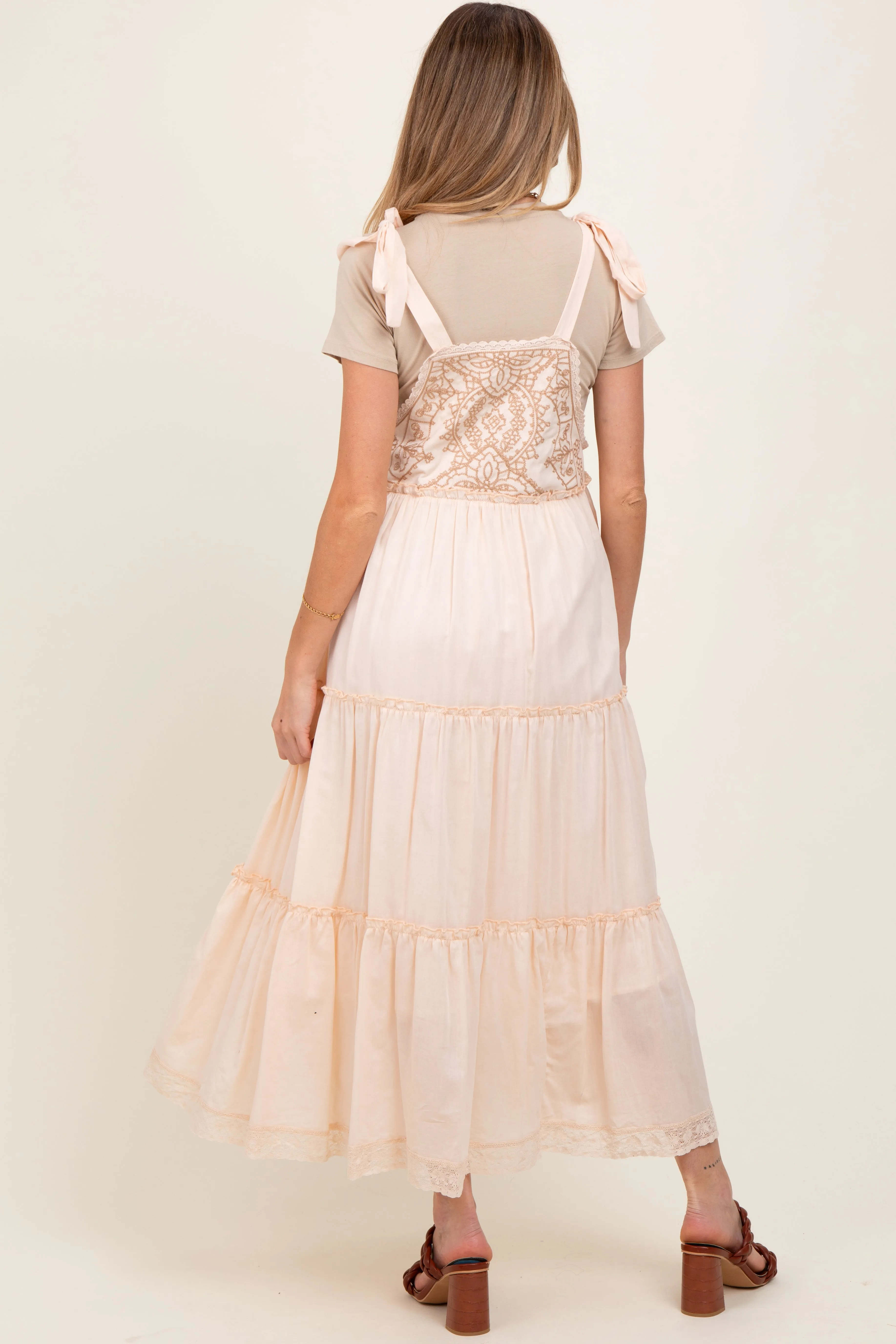 Cream Embroidered Ruffle Tiered Apron Maternity Dress sold by Pinkblush product image thumbnail 3