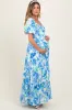 Blue Floral Smocked Puff Sleeve Maternity Maxi Dress sold by Pinkblush