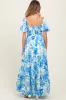 Blue Floral Smocked Puff Sleeve Maternity Maxi Dress sold by Pinkblush