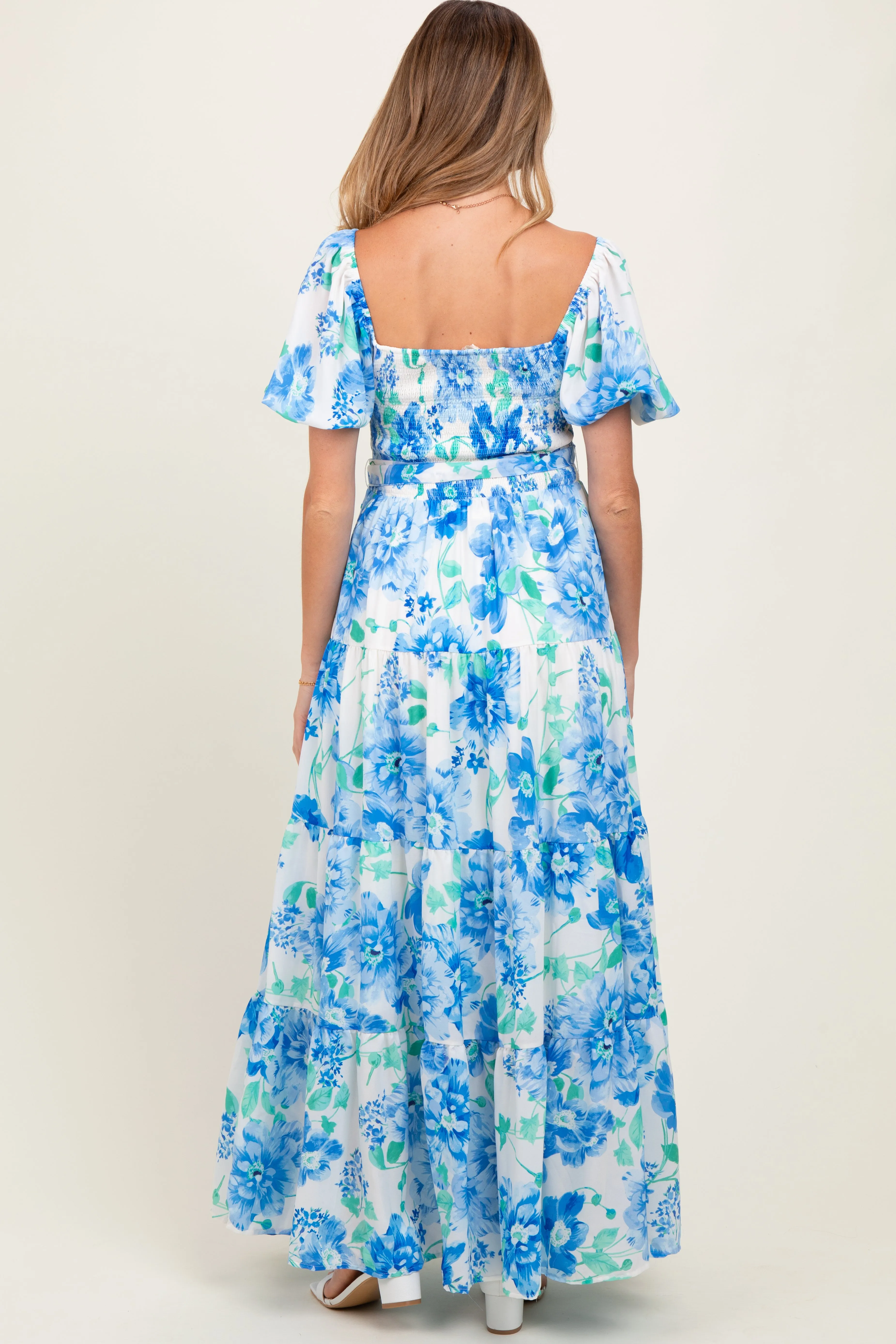 Blue Floral Smocked Puff Sleeve Maternity Maxi Dress sold by Pinkblush product image thumbnail 3