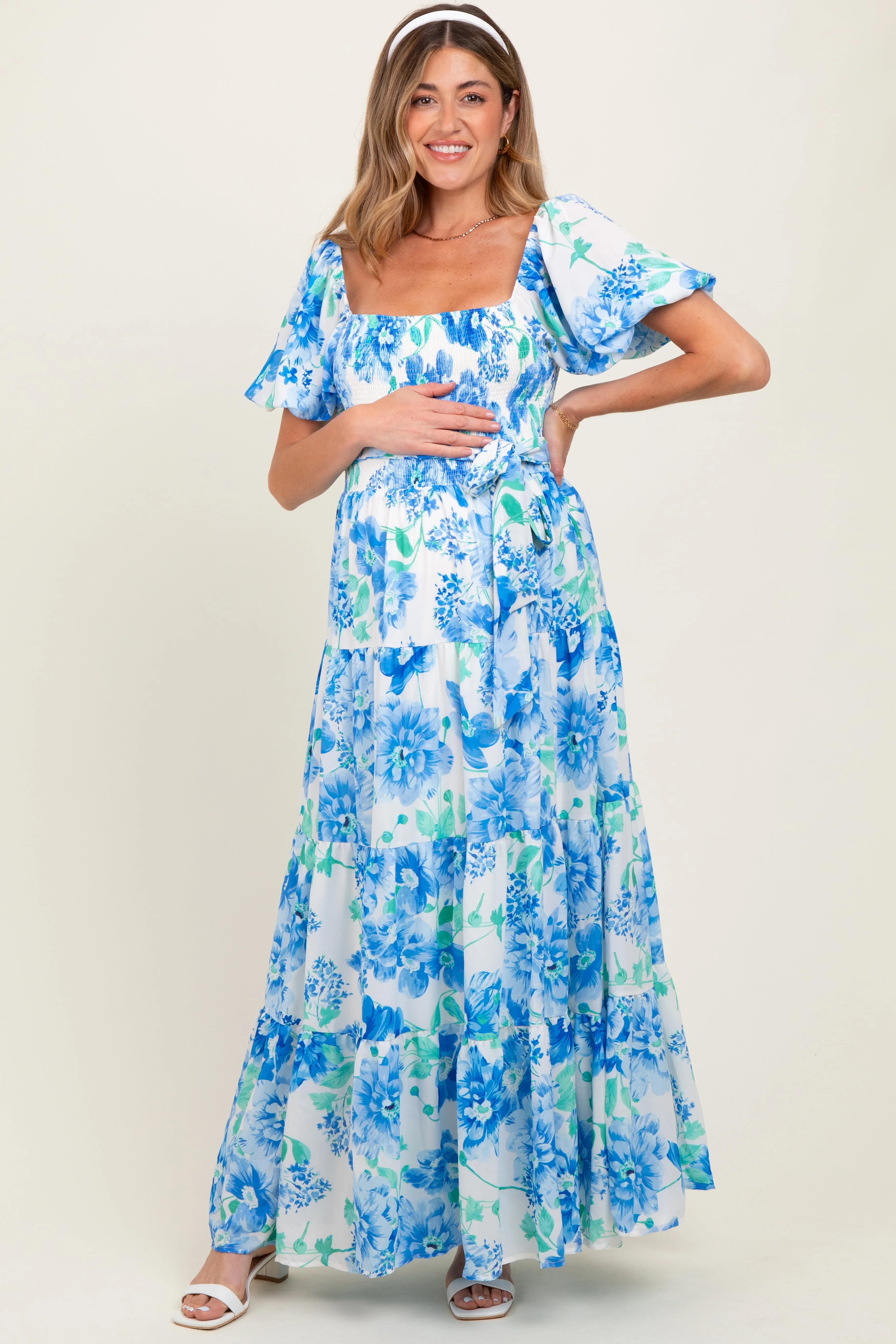 Blue Floral Smocked Puff Sleeve Maternity Maxi Dress sold by Pinkblush
