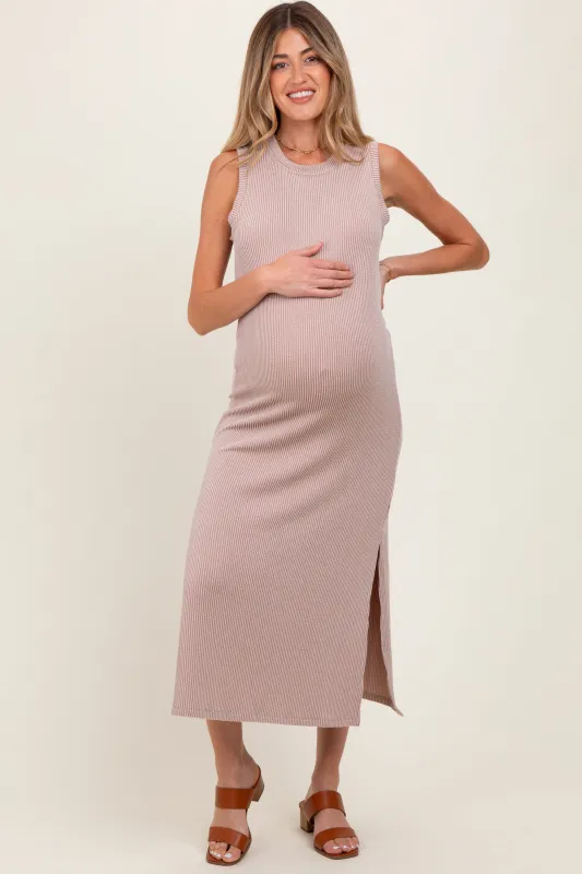 Light Taupe Ribbed Sleeveless Side Slit Maternity Midi Dress sold by Pinkblush