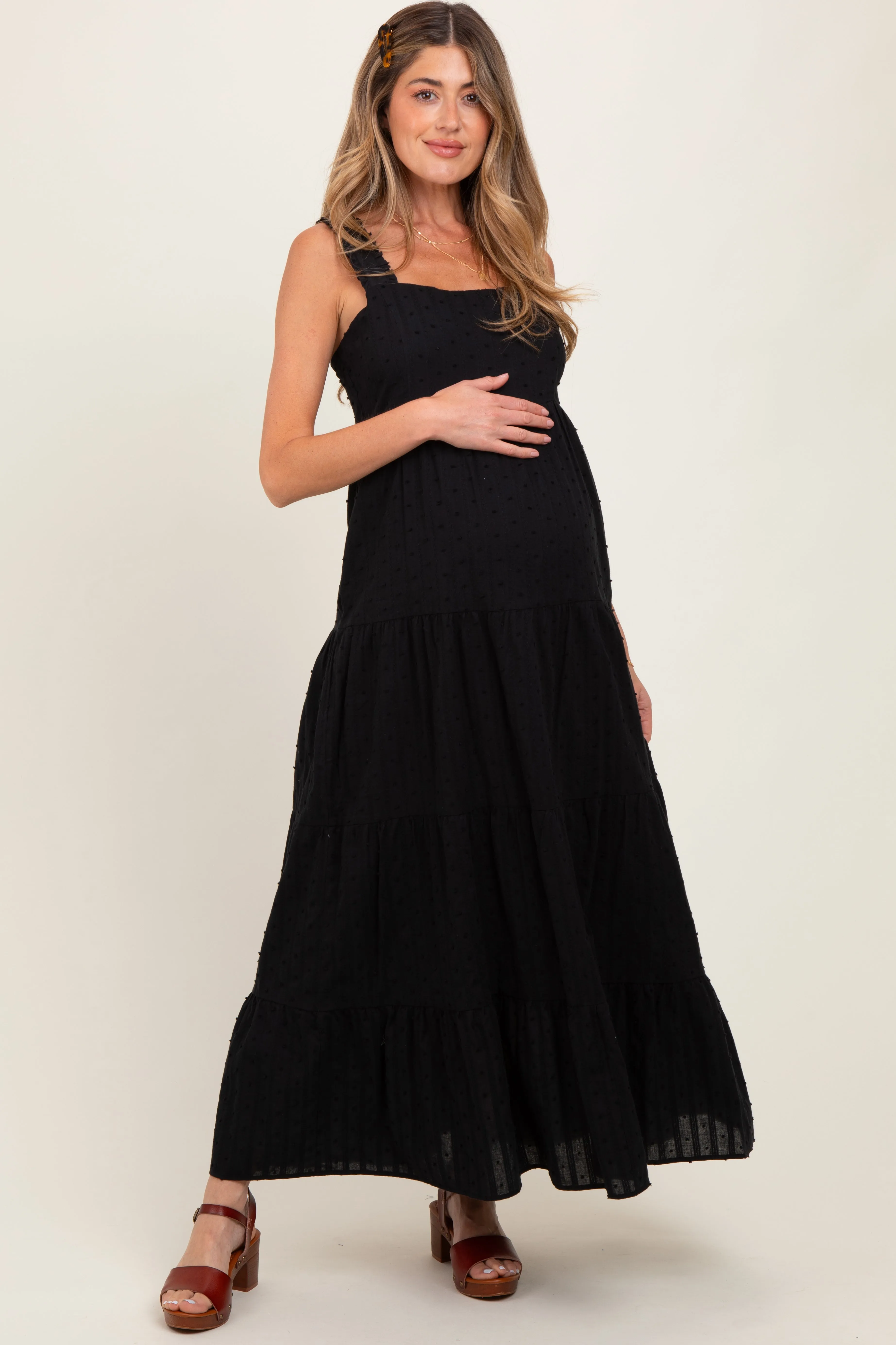 Black Swiss Dot Tiered Sleeveless Maternity Maxi Dress sold by Pinkblush