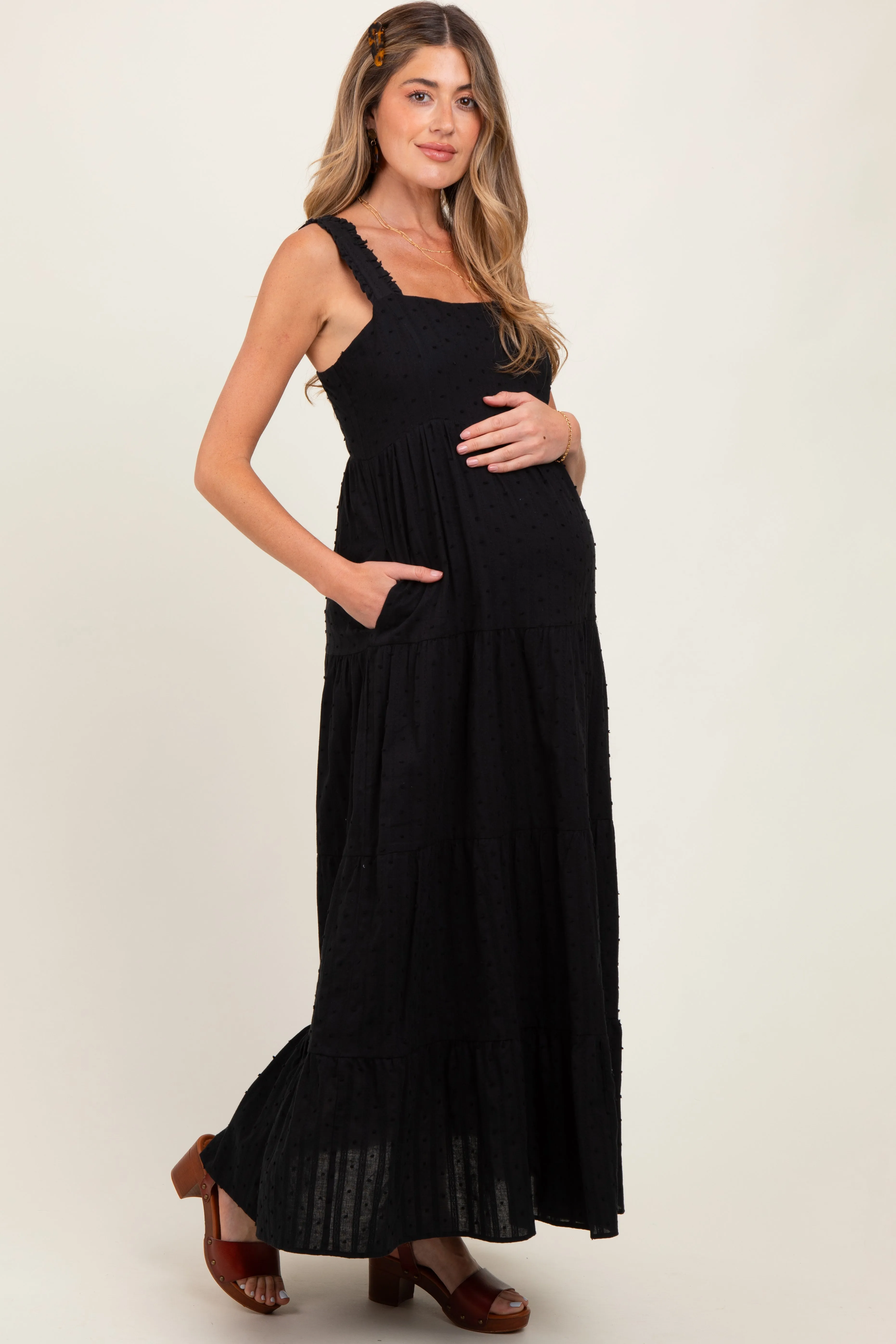Black Swiss Dot Tiered Sleeveless Maternity Maxi Dress sold by Pinkblush product image thumbnail 2