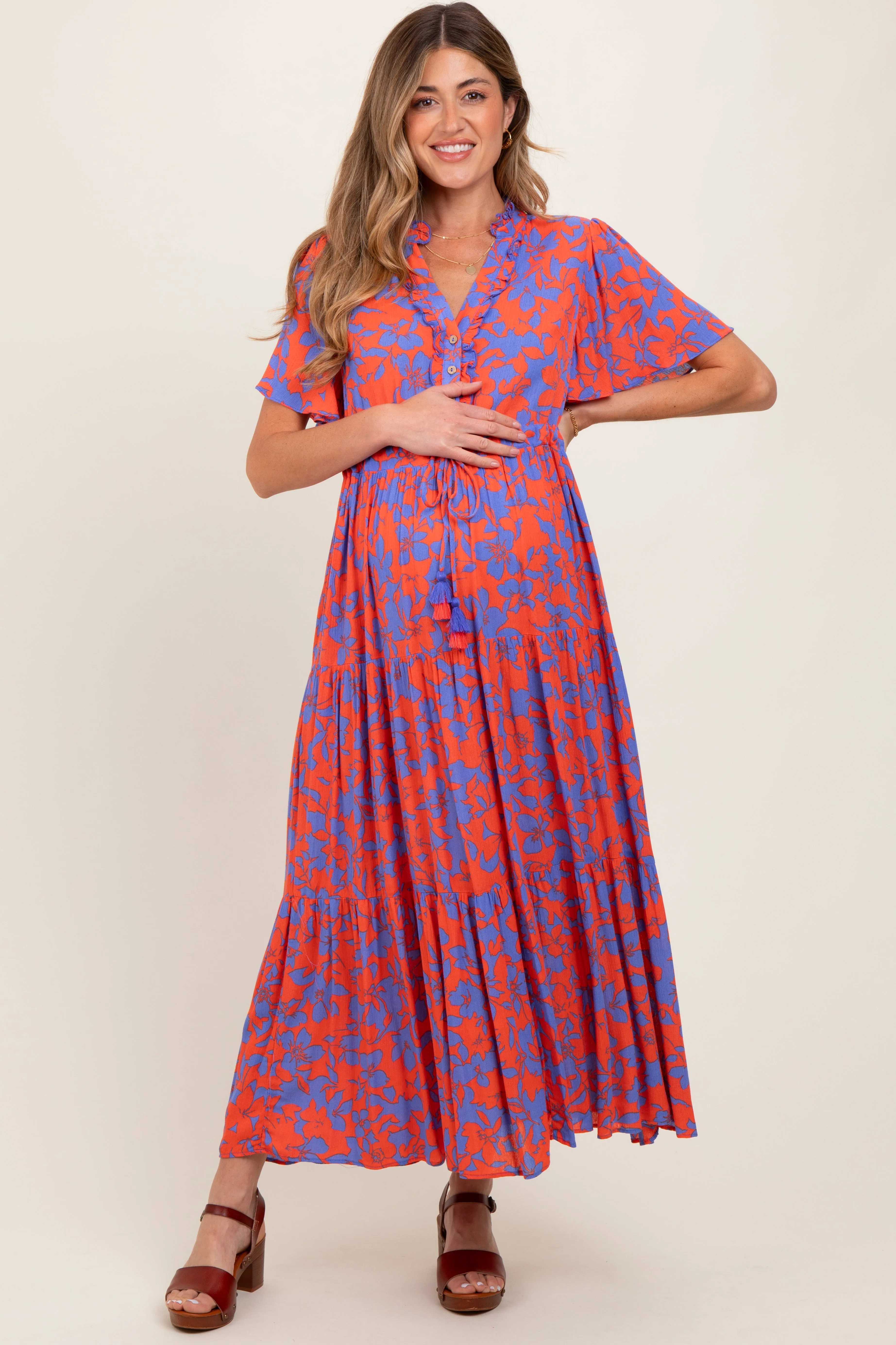 Orange Button Ruffle Detail Maternity Maxi Dress sold by Pinkblush