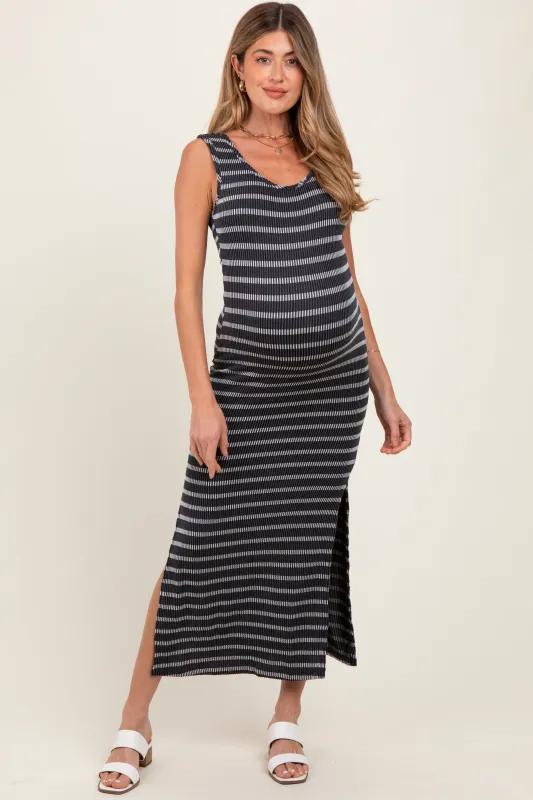 Black Striped Ribbed Sleeveless Side Slit Maternity Maxi Dress sold by Pinkblush