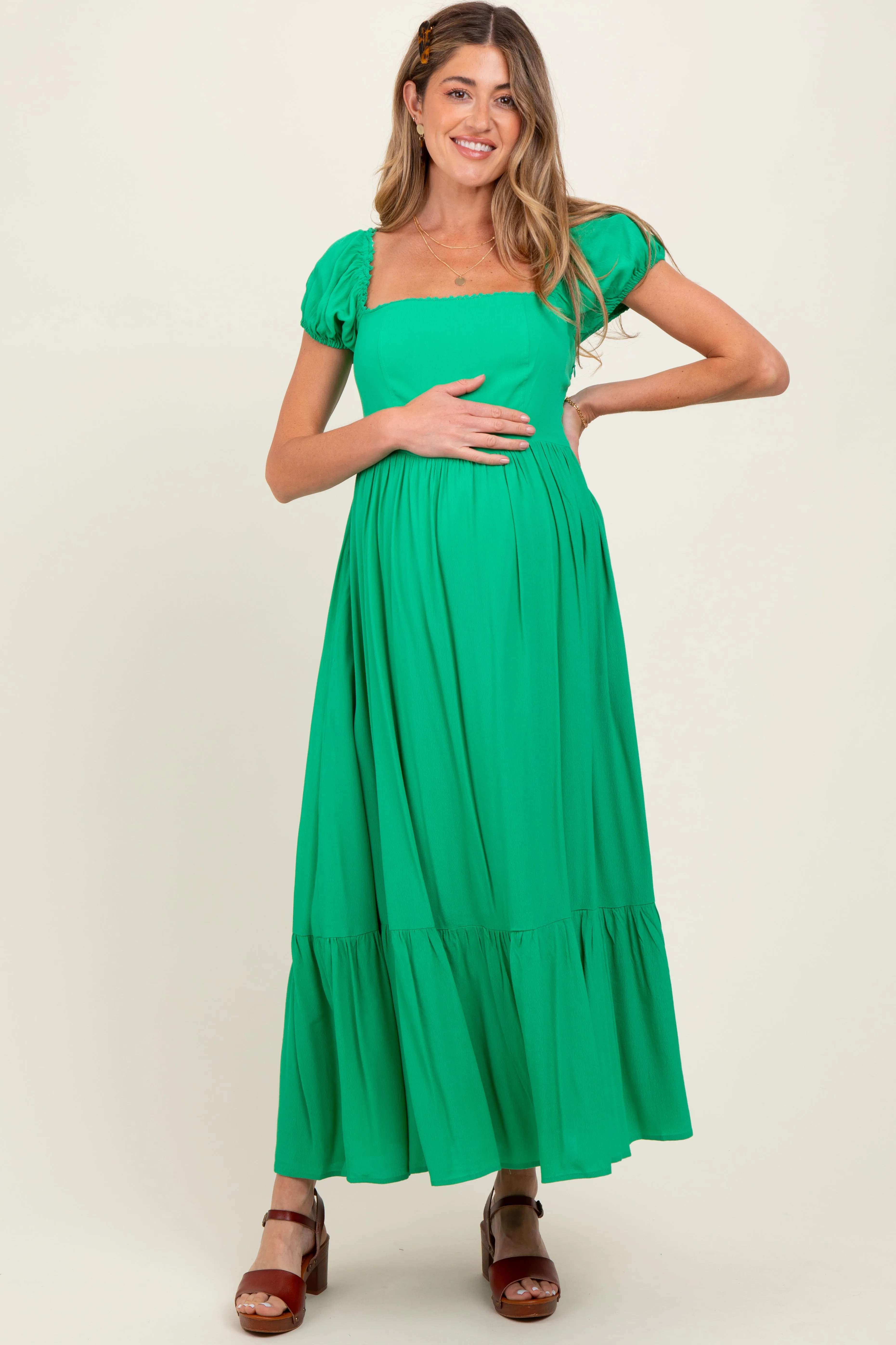 Green Ruffle Detail Square Neck Maternity Maxi Dress sold by Pinkblush