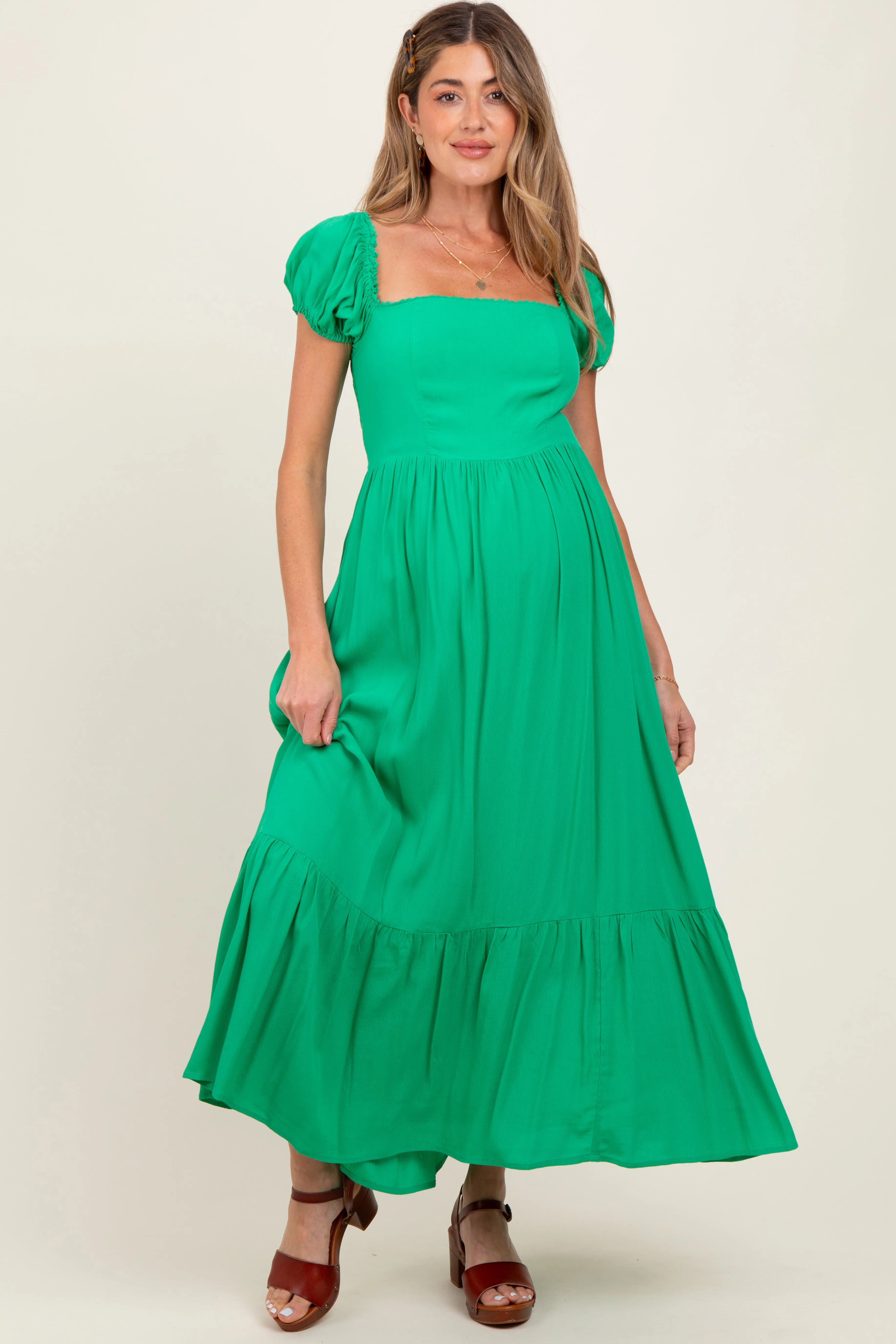 Green Ruffle Detail Square Neck Maternity Maxi Dress sold by Pinkblush product image thumbnail 2