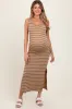 Camel Striped Ribbed Sleeveless Side Slit Maternity Maxi Dress sold by Pinkblush
