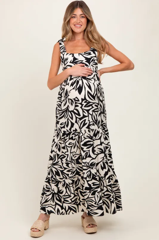 Black Floral Shoulder Tie Tiered Maternity Maxi Dress sold by Pinkblush