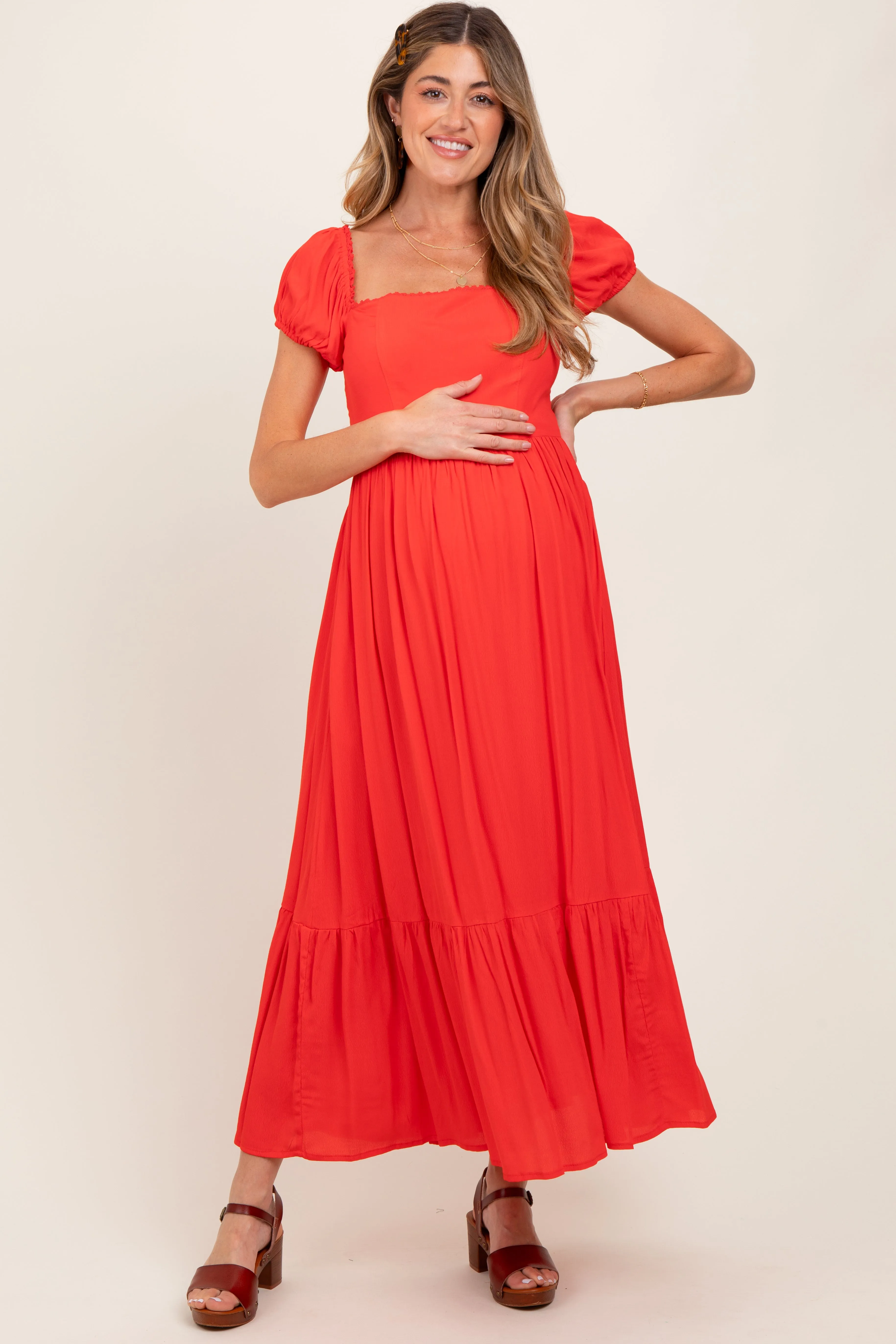 Red Ruffle Detail Square Neck Maternity Maxi Dress sold by Pinkblush