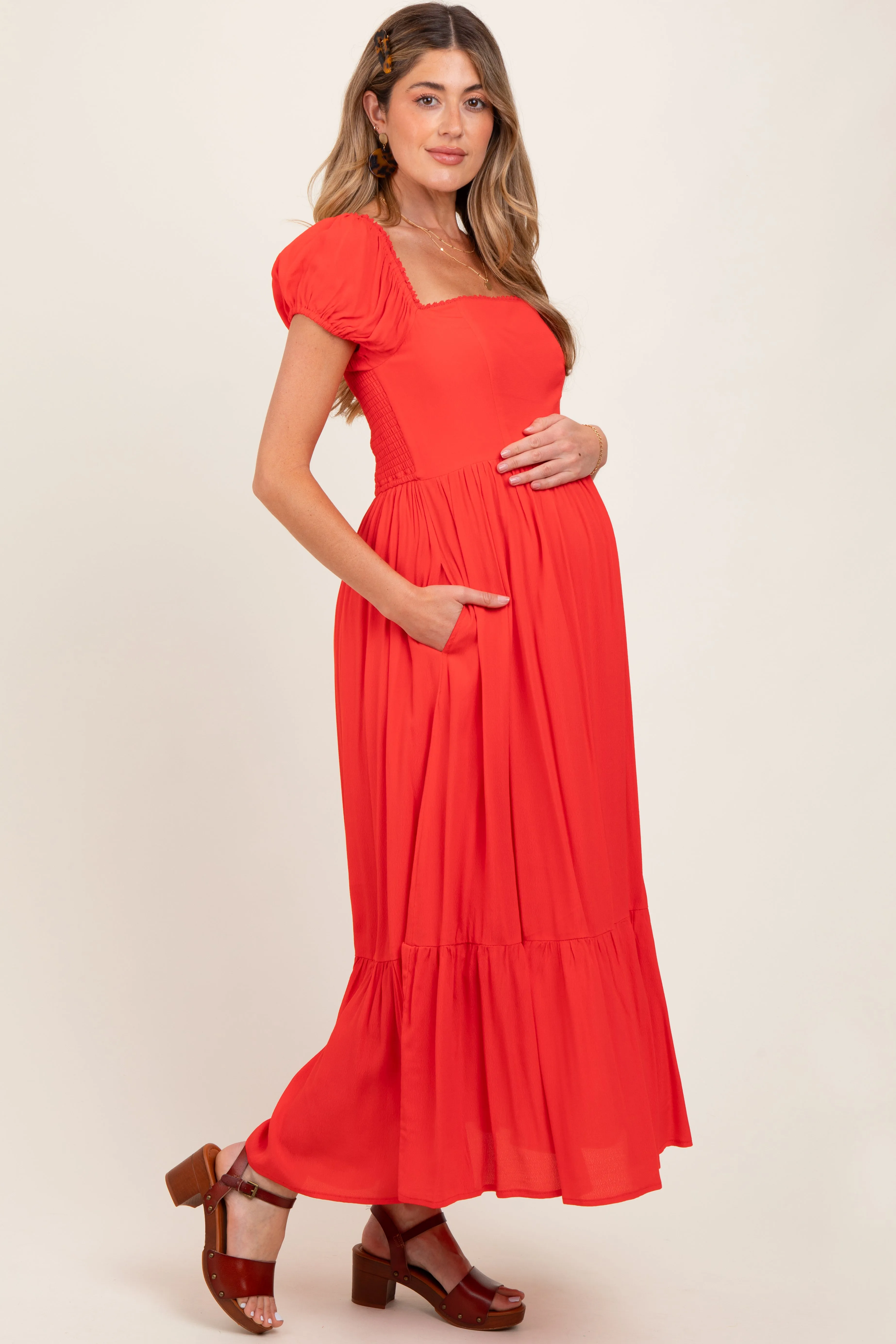 Red Ruffle Detail Square Neck Maternity Maxi Dress sold by Pinkblush product image thumbnail 2