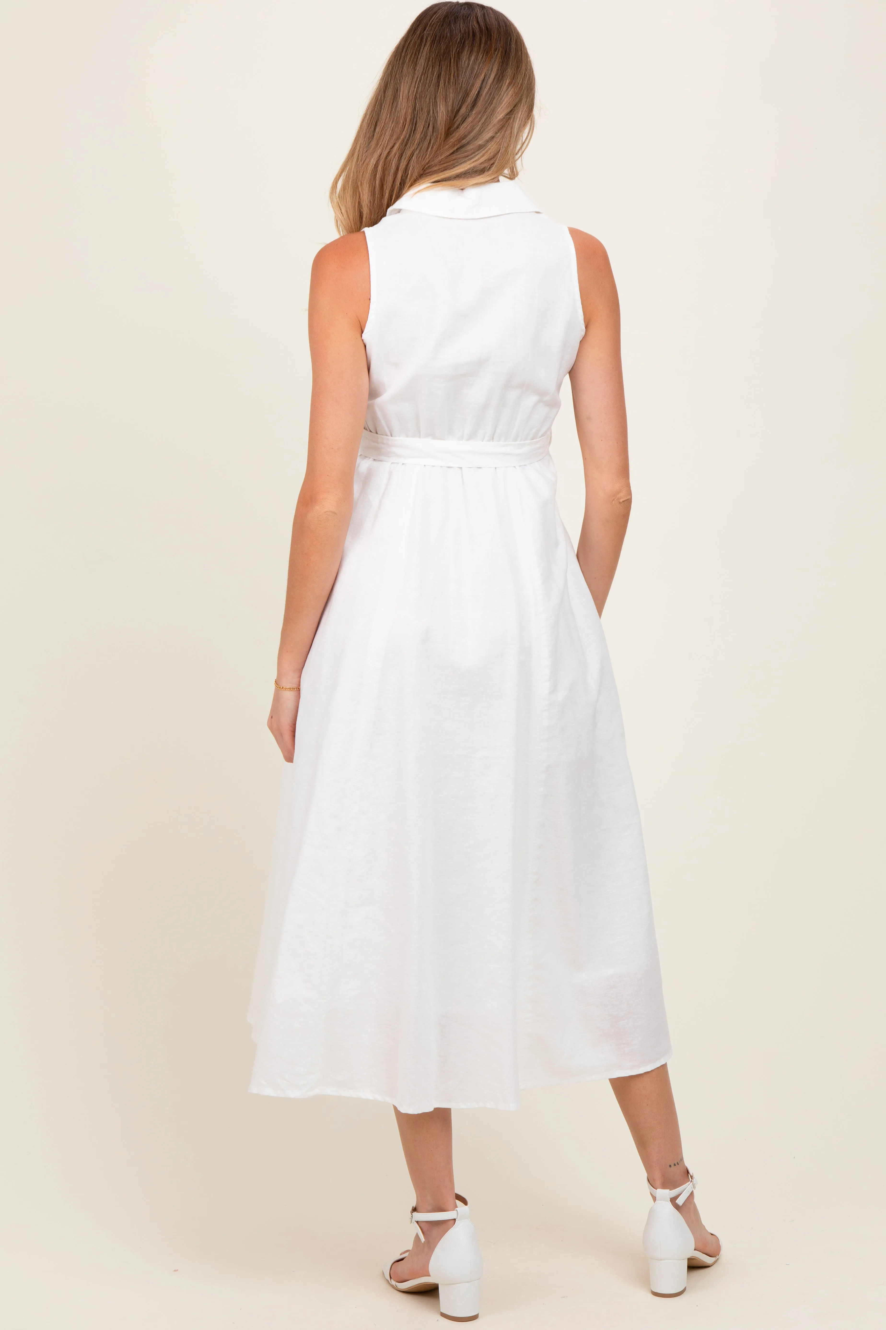 White Sleeveless Linen Blend Maternity Midi Shirt Dress sold by Pinkblush product image thumbnail 3