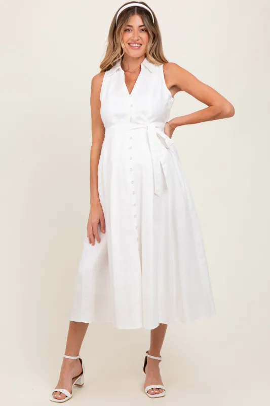 White Sleeveless Linen Blend Maternity Midi Shirt Dress sold by Pinkblush