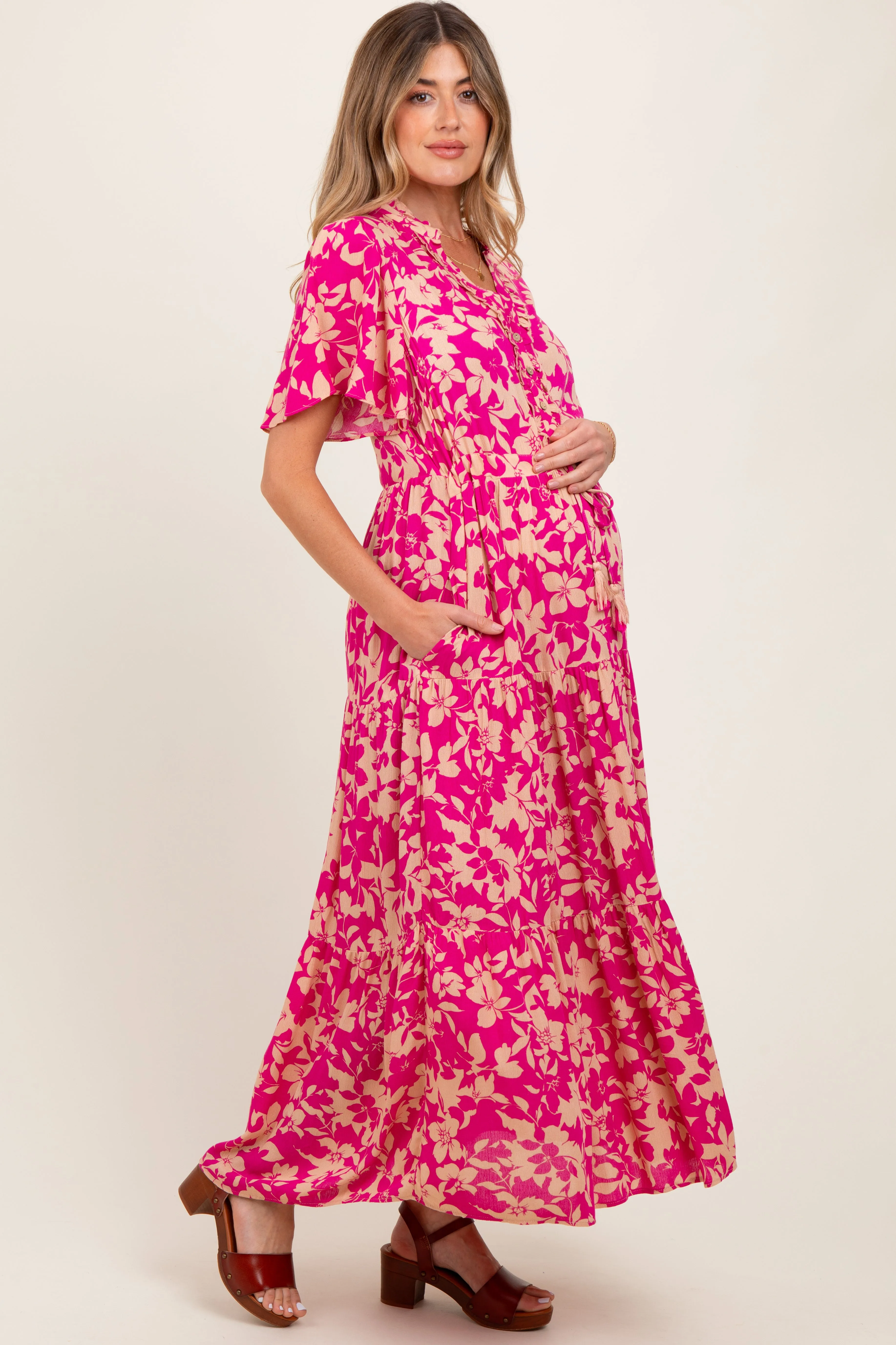 Fuchsia Button Ruffle Detail Maternity Maxi Dress sold by Pinkblush product image thumbnail 2