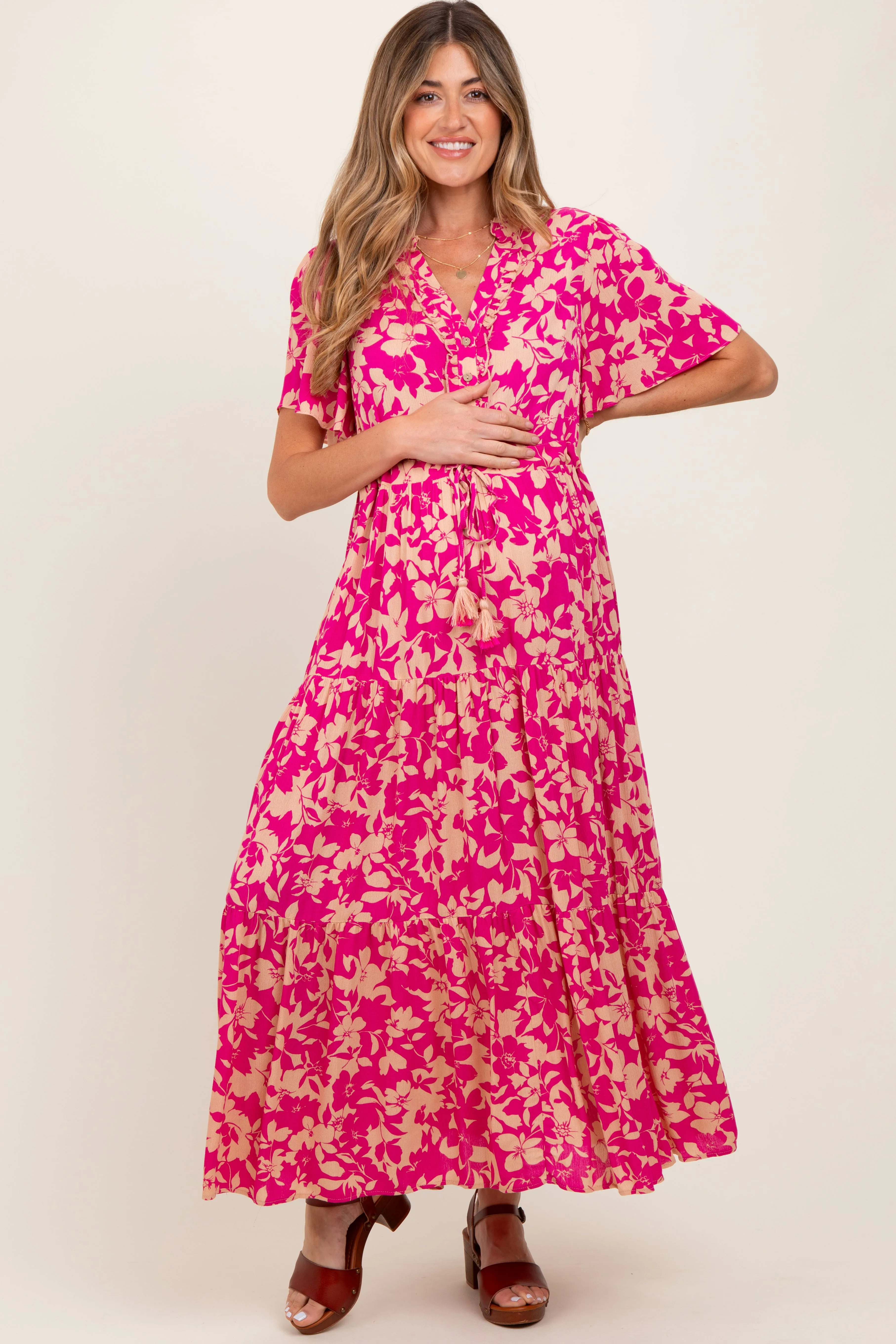Fuchsia Button Ruffle Detail Maternity Maxi Dress sold by Pinkblush