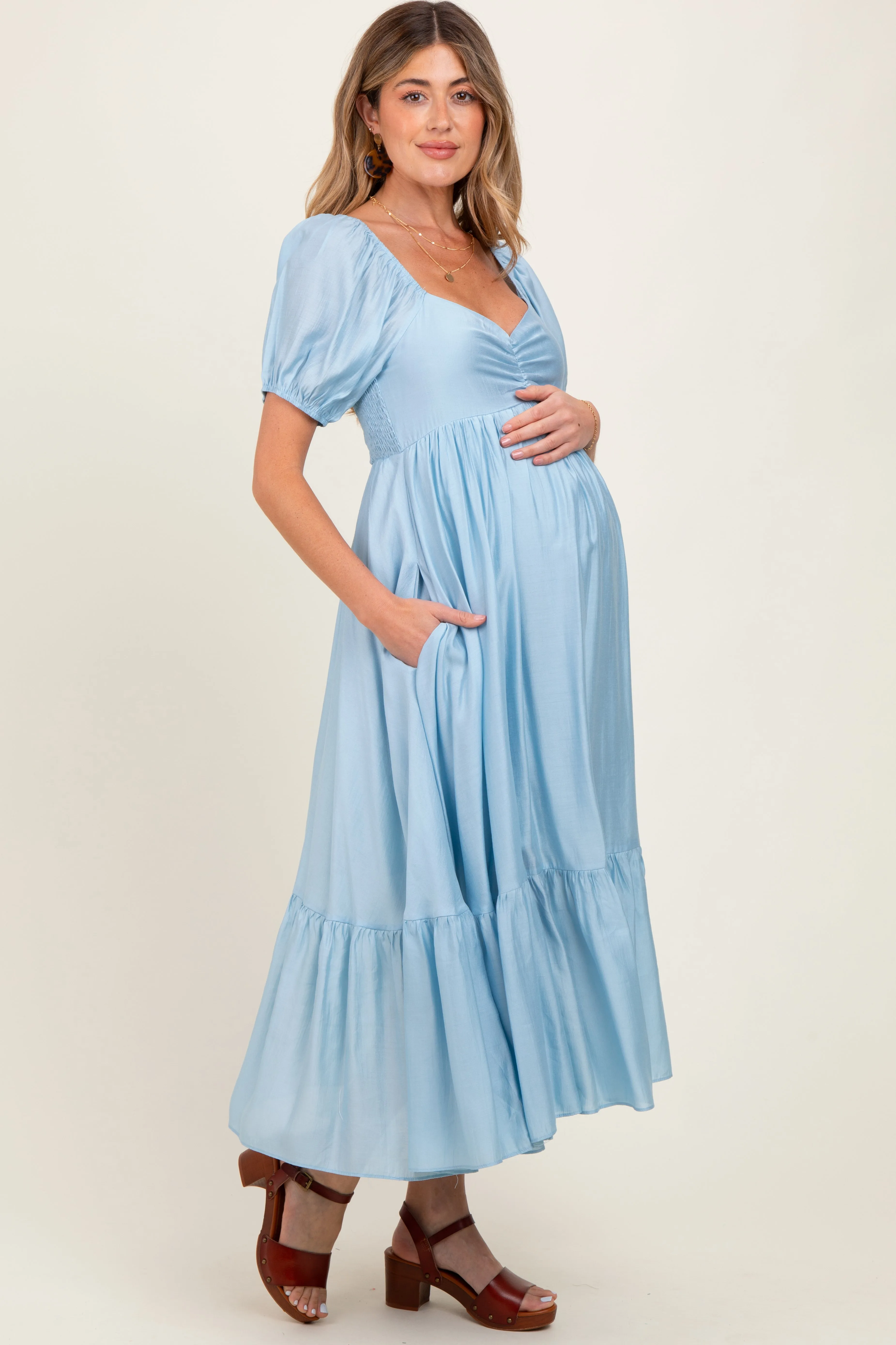 Light Blue Ruched Sweetheart Neck Tiered Maternity Midi Dress sold by Pinkblush product image thumbnail 3