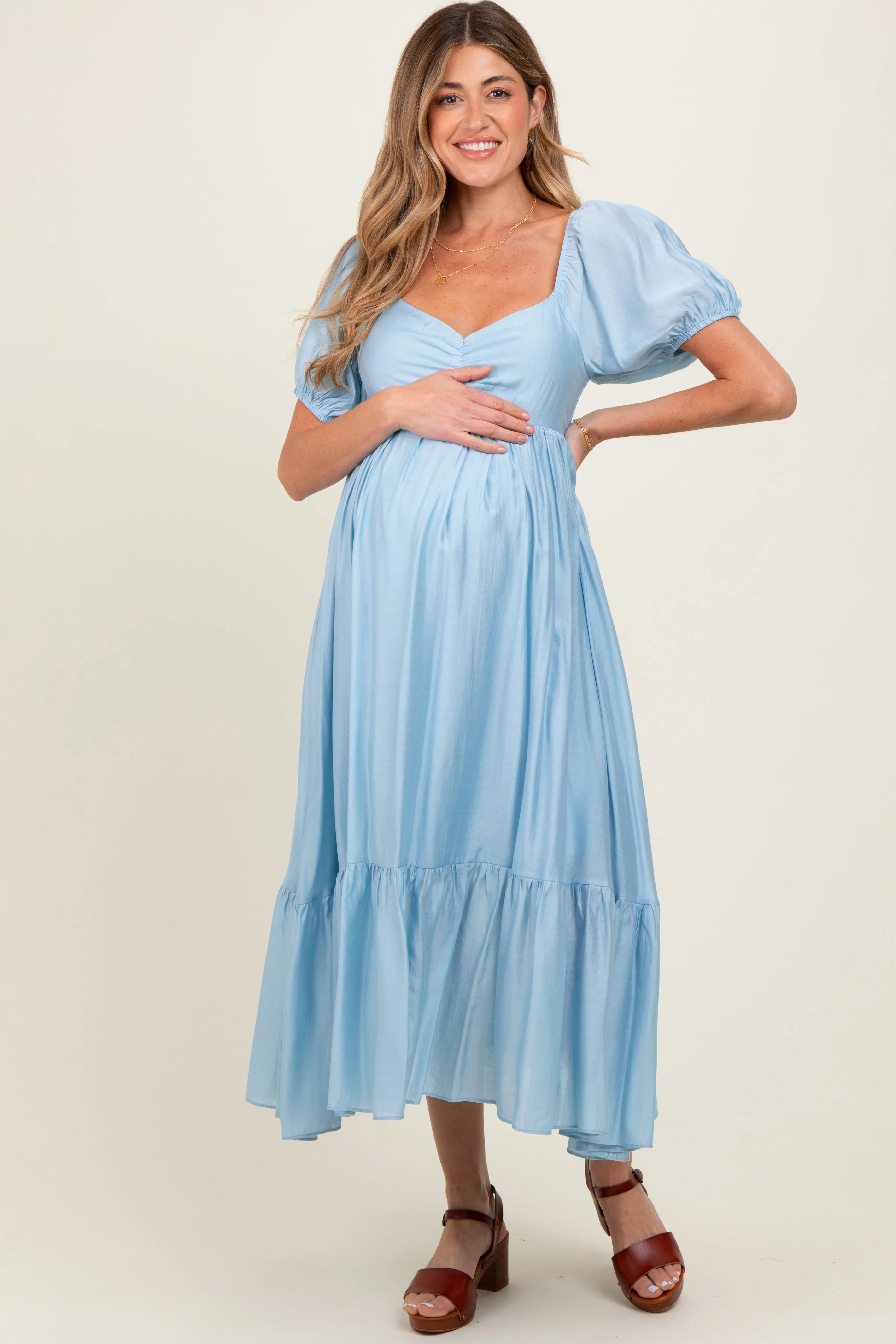 Light Blue Ruched Sweetheart Neck Tiered Maternity Midi Dress sold by Pinkblush