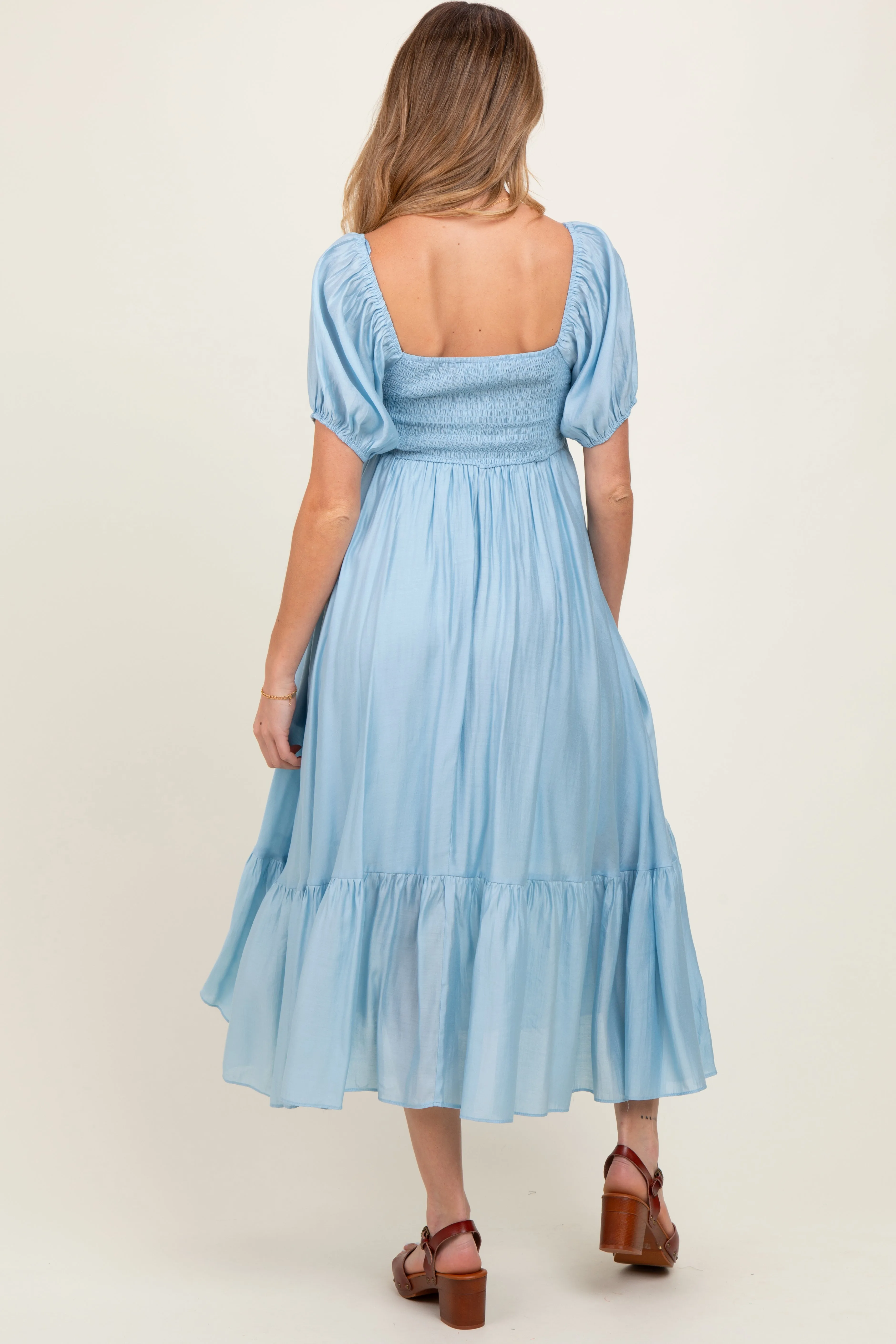 Light Blue Ruched Sweetheart Neck Tiered Maternity Midi Dress sold by Pinkblush product image thumbnail 4