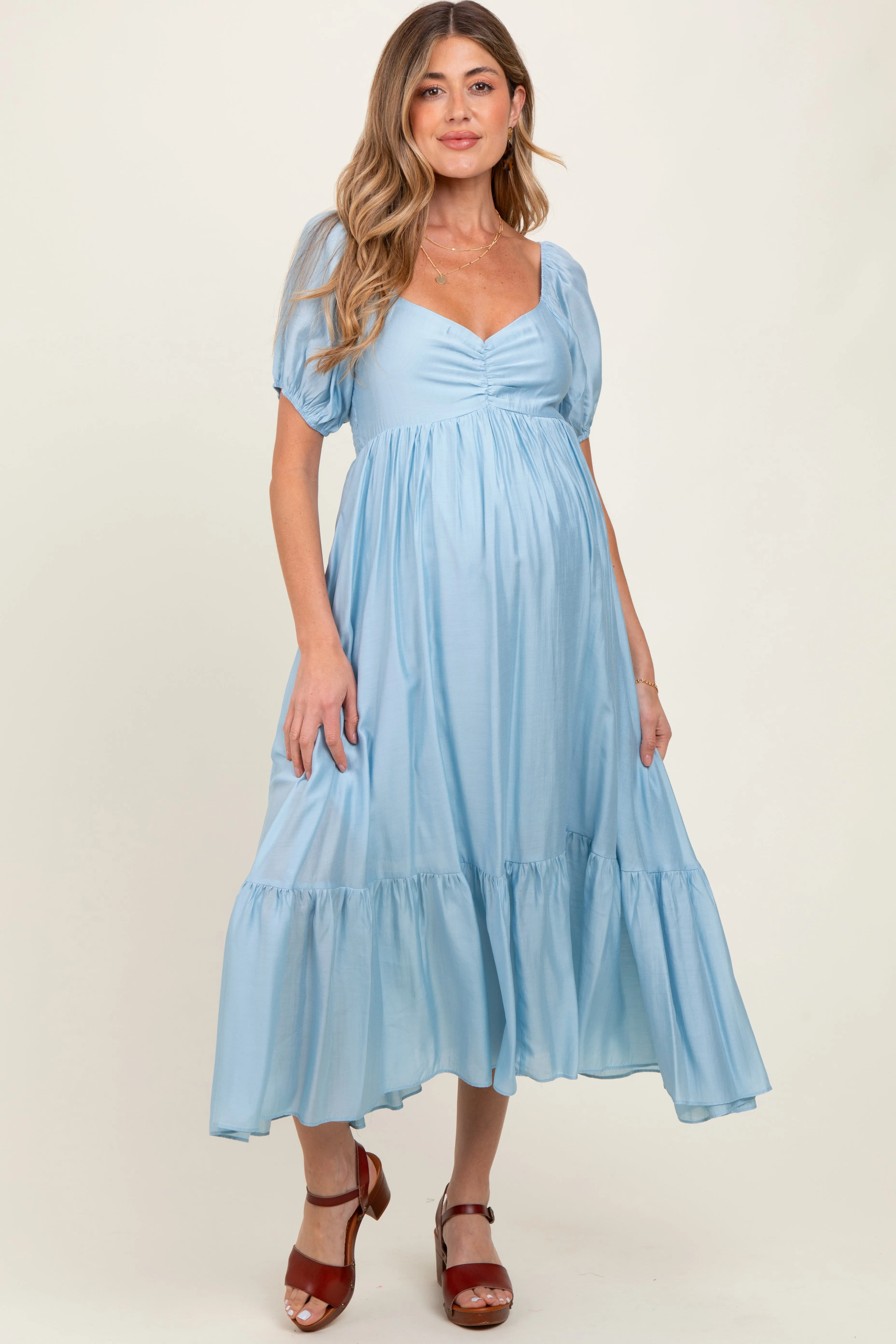 Light Blue Ruched Sweetheart Neck Tiered Maternity Midi Dress sold by Pinkblush product image thumbnail 2